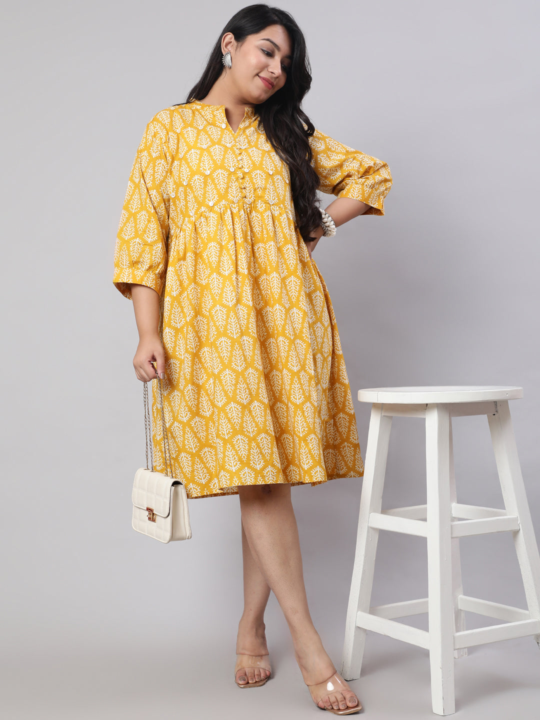 Plus Size Yellow Ethnic Printed Flared Dress