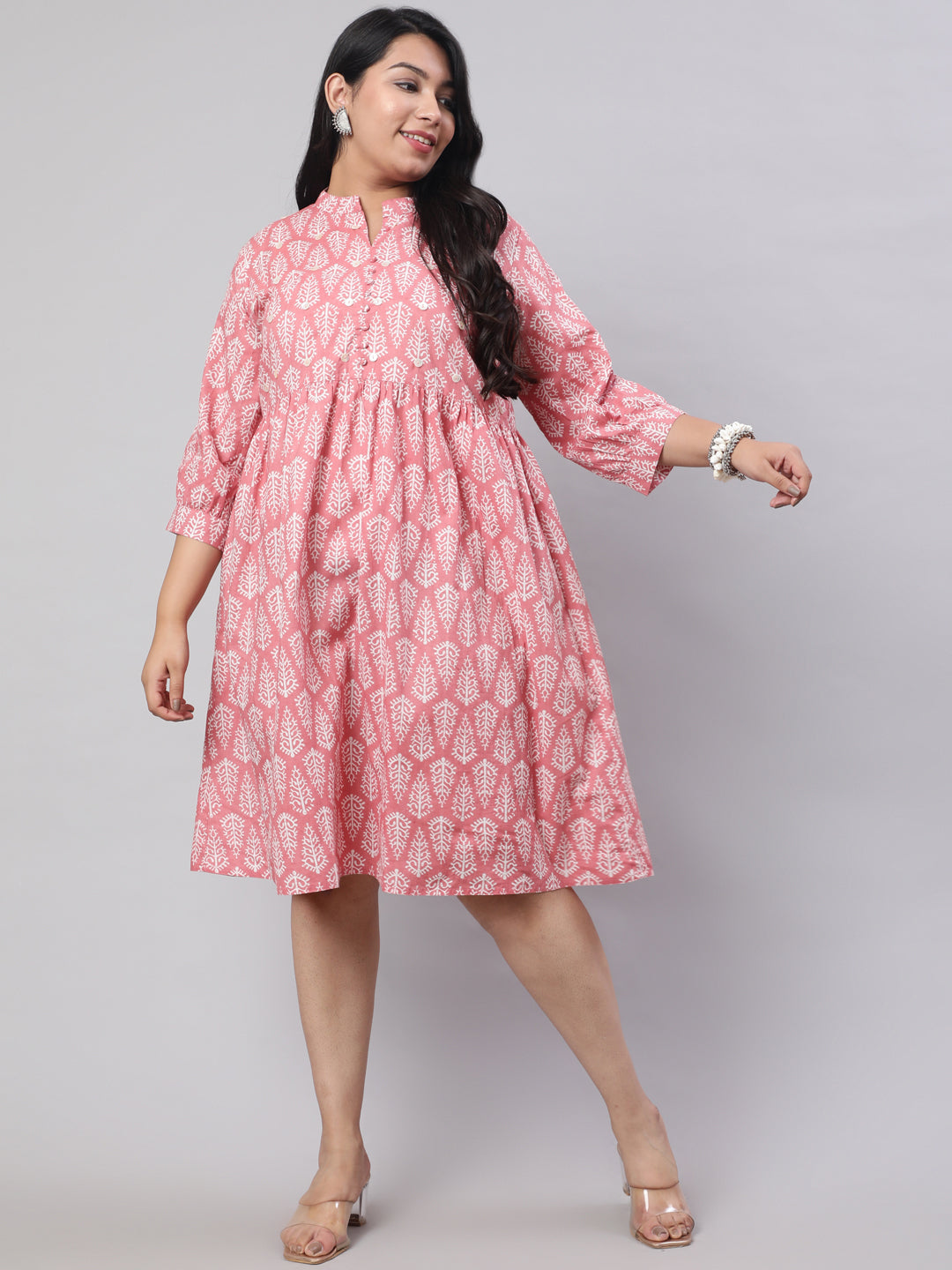 Plus Size Pink Ethnic Printed Flared Dress