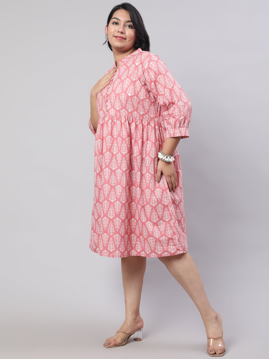 Plus Size Pink Ethnic Printed Flared Dress