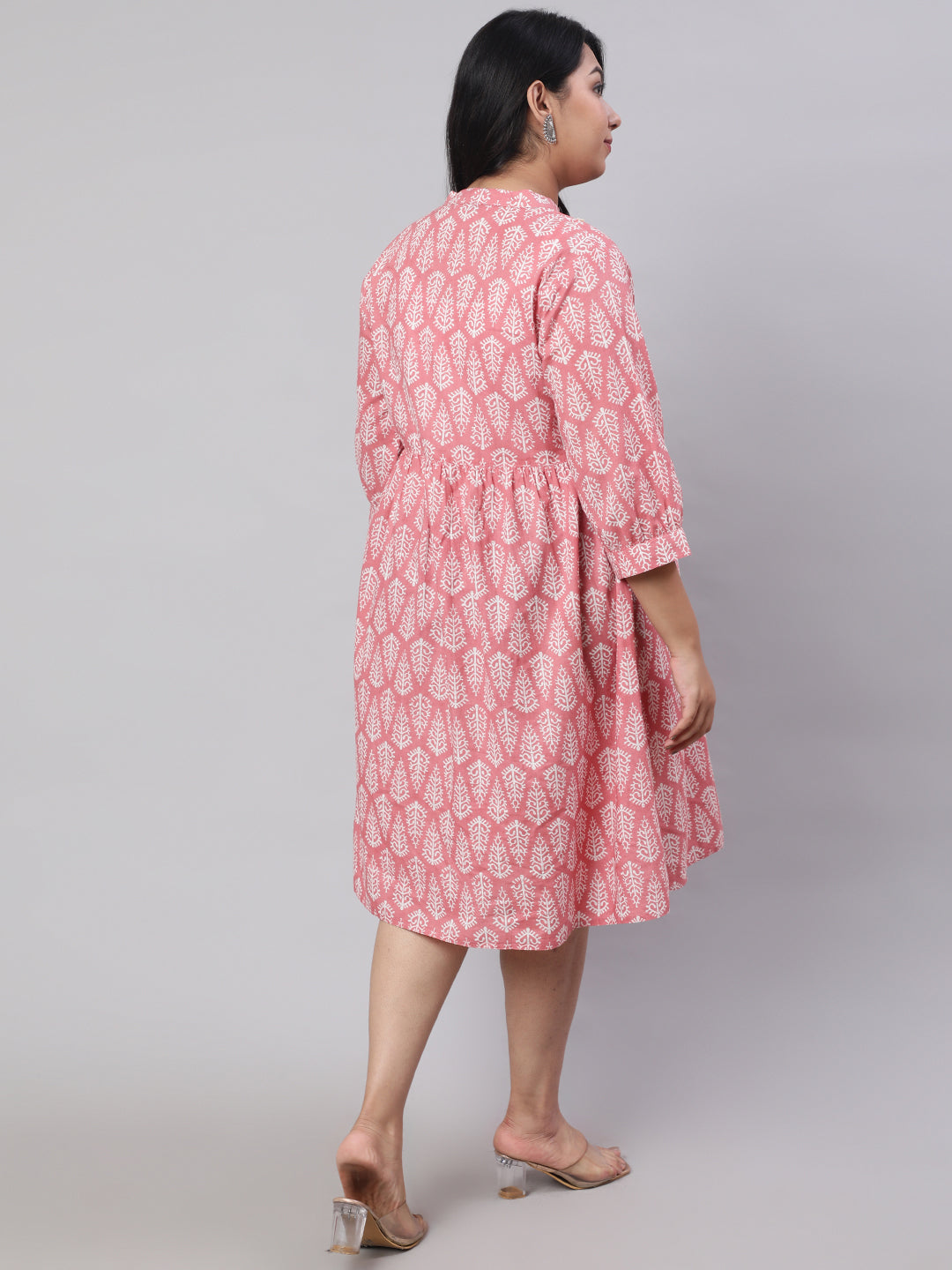 Plus Size Pink Ethnic Printed Flared Dress