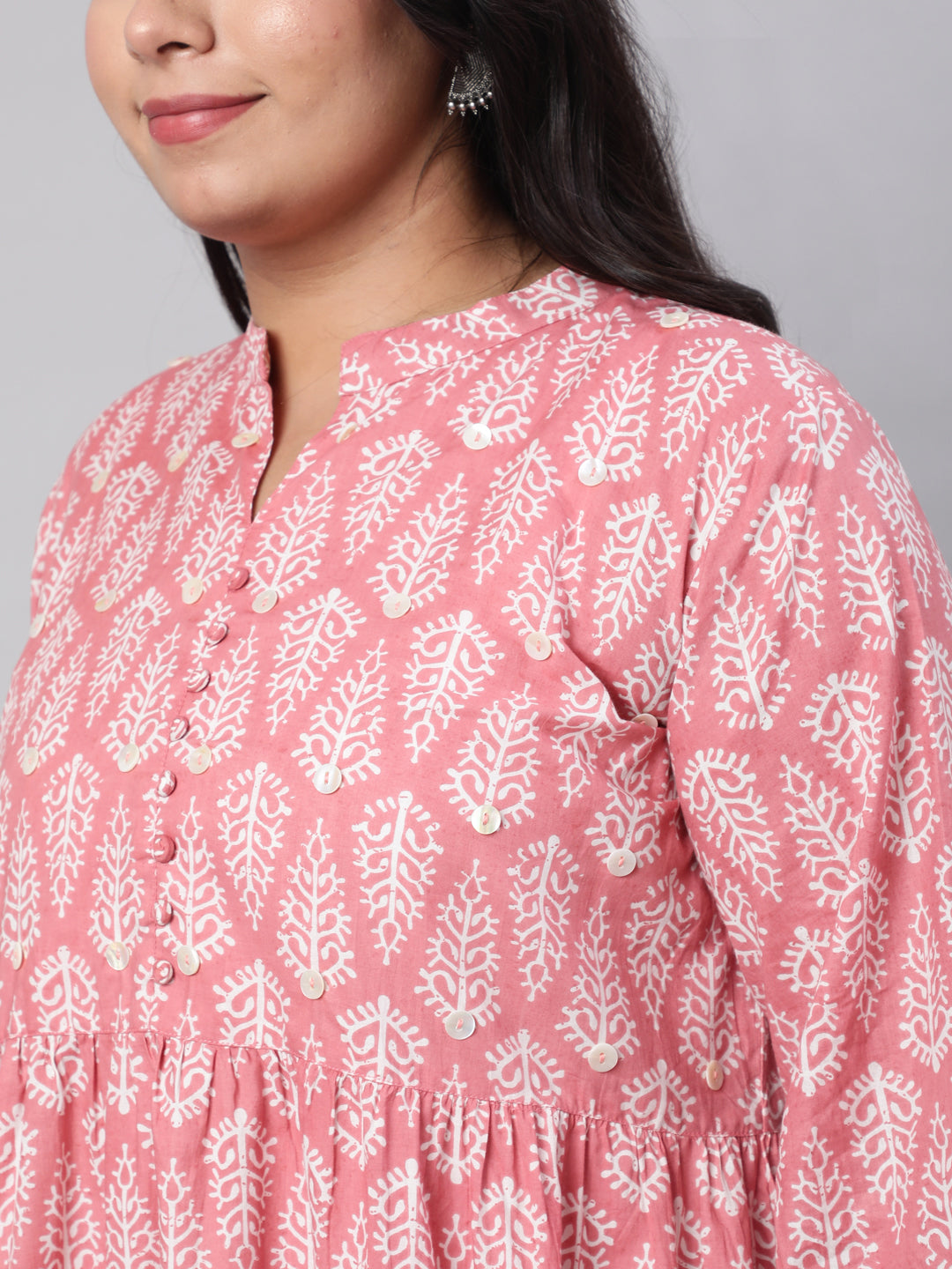 Plus Size Pink Ethnic Printed Flared Dress