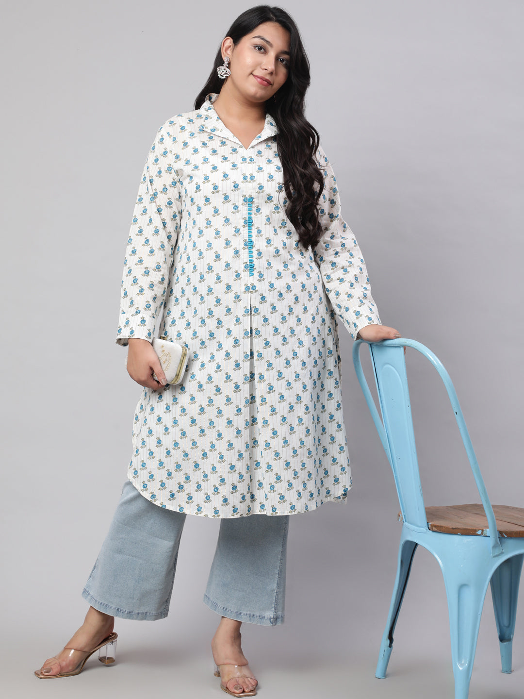 Plus Size Turquoise Blue Ethnic Printed Cotton Lurex Kurta