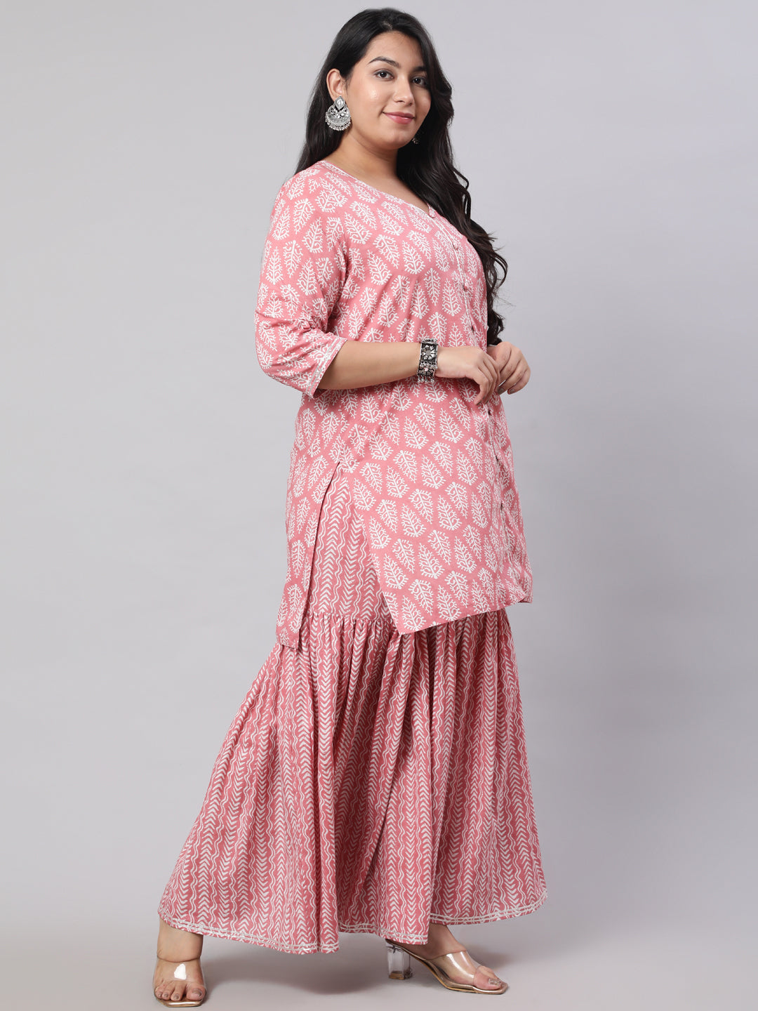 Plus Size Pink Ethnic Printed Kurti With Sharara And Chiffon Dupatta