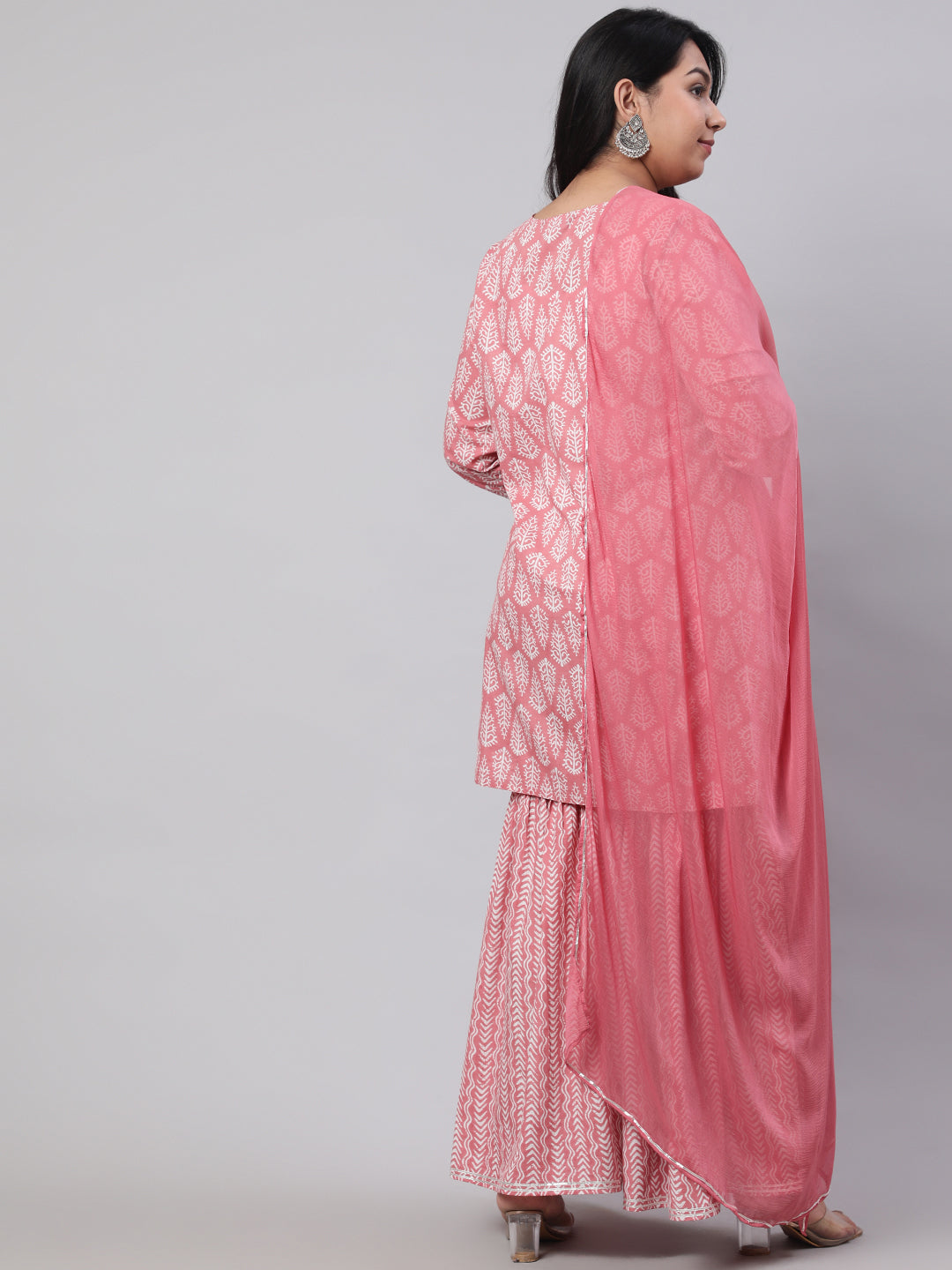 Plus Size Pink Ethnic Printed Kurti With Sharara And Chiffon Dupatta