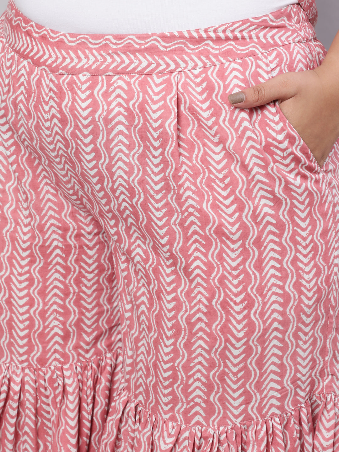 Plus Size Pink Ethnic Printed Kurti With Sharara And Chiffon Dupatta