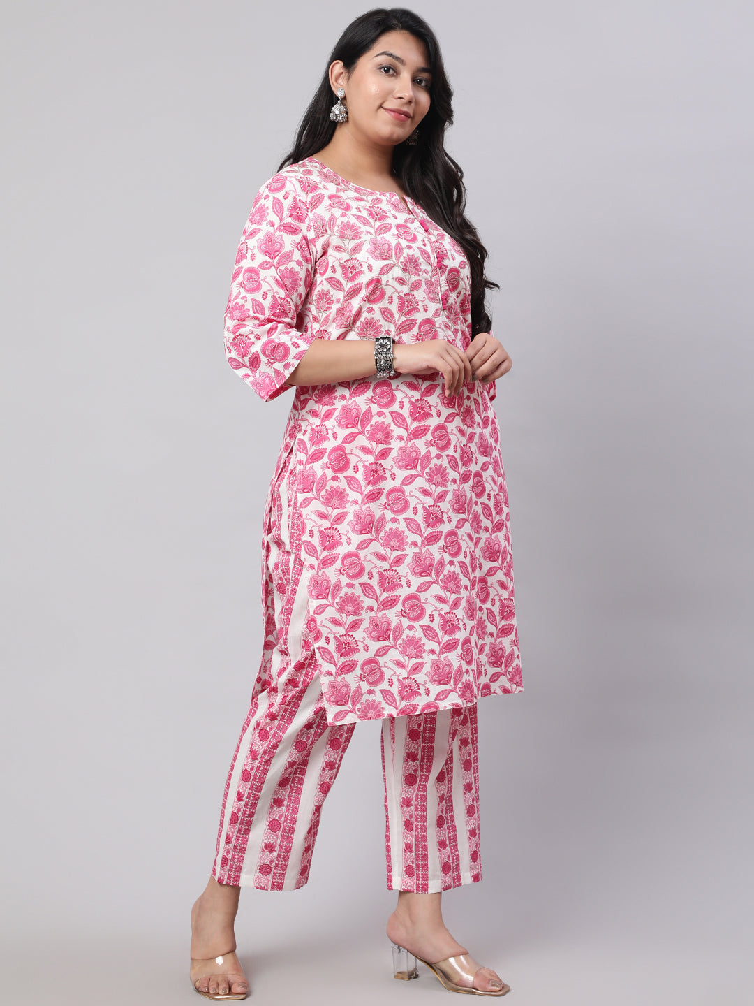 Plus Size Fuchsia Ethnic Floral Printed Embroidered Kurta With Printed Pants And Printed Dupatta