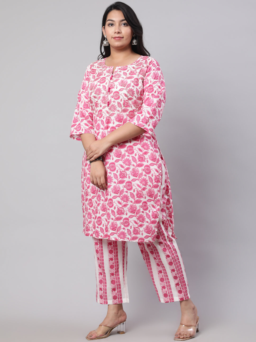 Plus Size Fuchsia Ethnic Floral Printed Embroidered Kurta With Printed Pants And Printed Dupatta