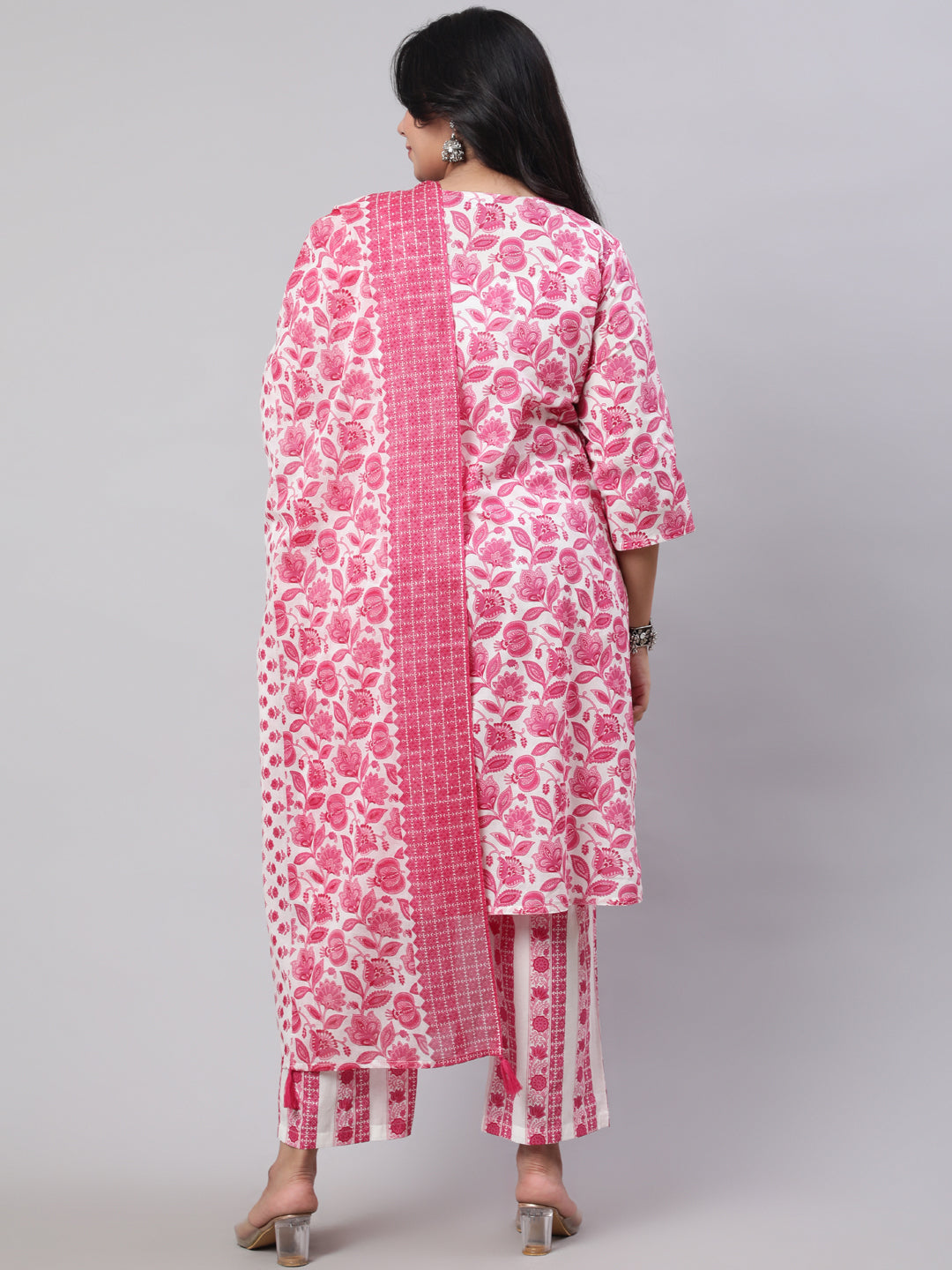 Plus Size Fuchsia Ethnic Floral Printed Embroidered Kurta With Printed Pants And Printed Dupatta