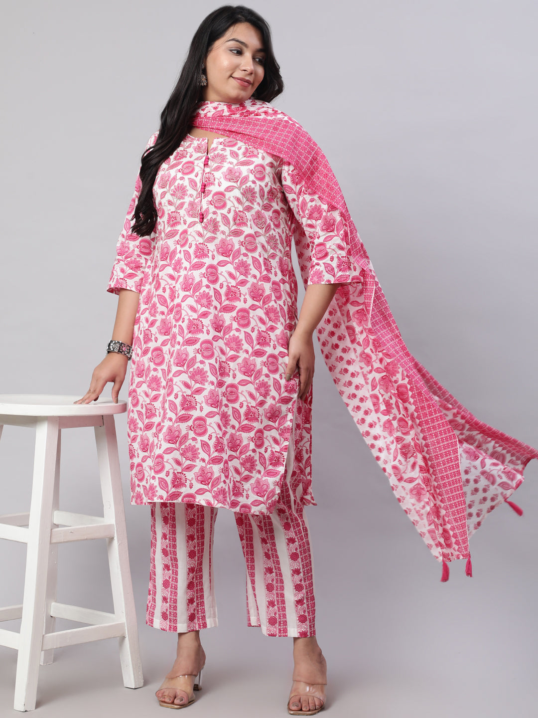 Plus Size Fuchsia Ethnic Floral Printed Embroidered Kurta With Printed Pants And Printed Dupatta