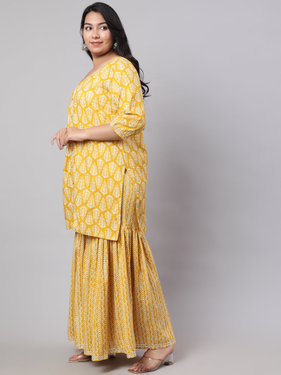 Plus Size Yellow Ethnic Printed Kurti With Sharara And Chiffon Dupatta