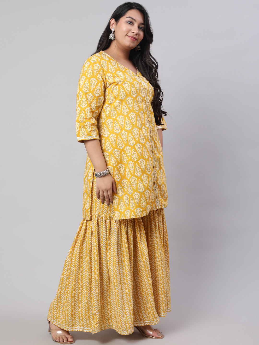 Plus Size Yellow Ethnic Printed Kurti With Sharara And Chiffon Dupatta