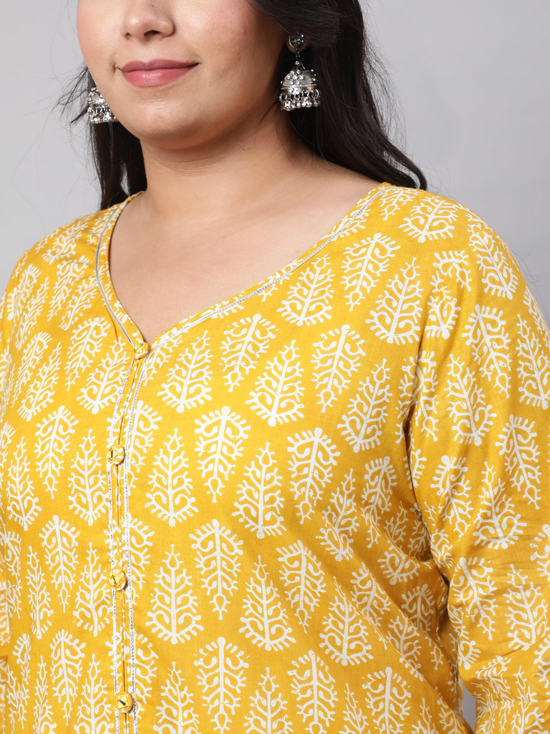 Plus Size Yellow Ethnic Printed Kurti With Sharara And Chiffon Dupatta