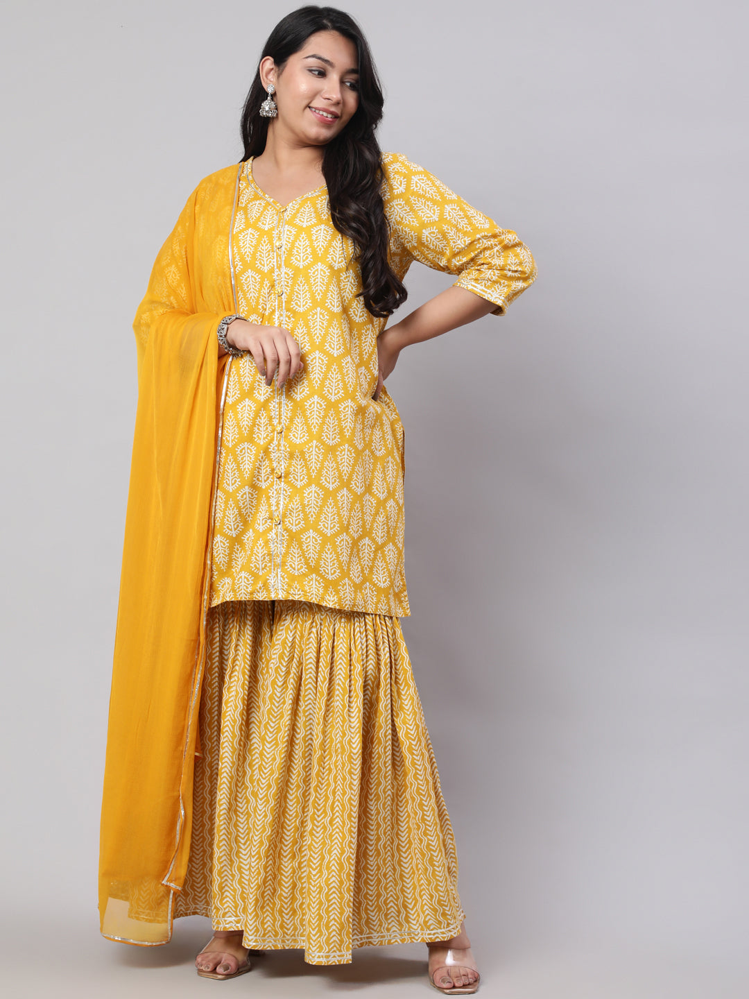 Plus Size Yellow Ethnic Printed Kurti With Sharara And Chiffon Dupatta