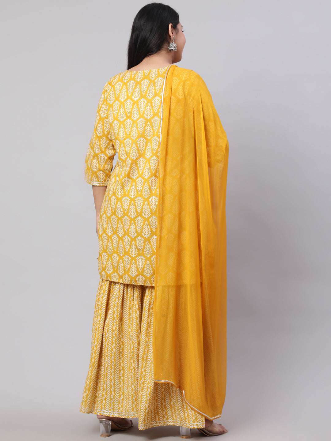 Plus Size Yellow Ethnic Printed Kurti With Sharara And Chiffon Dupatta