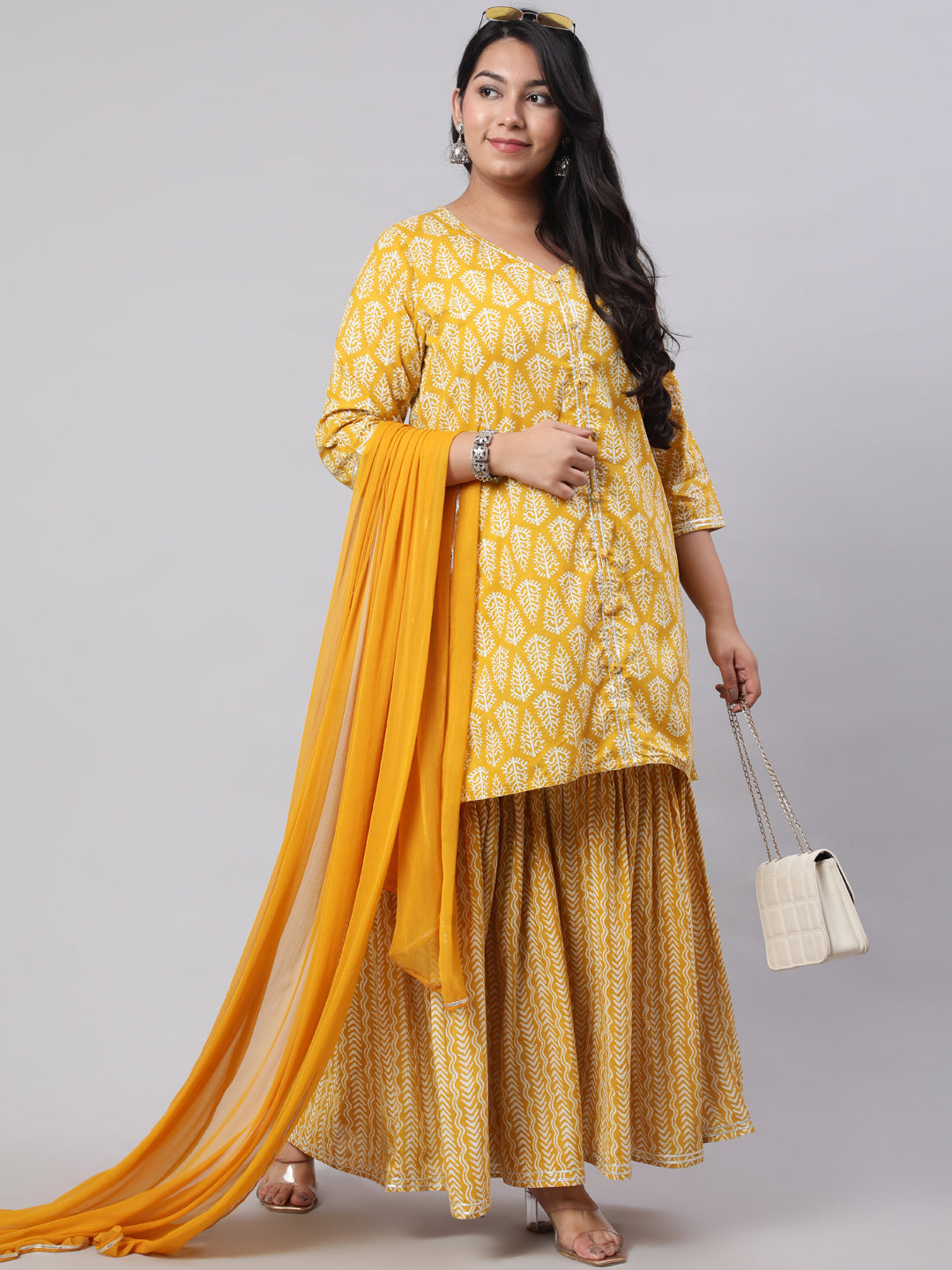 Plus Size Yellow Kurti With Sharara And Shiffon Dupatta