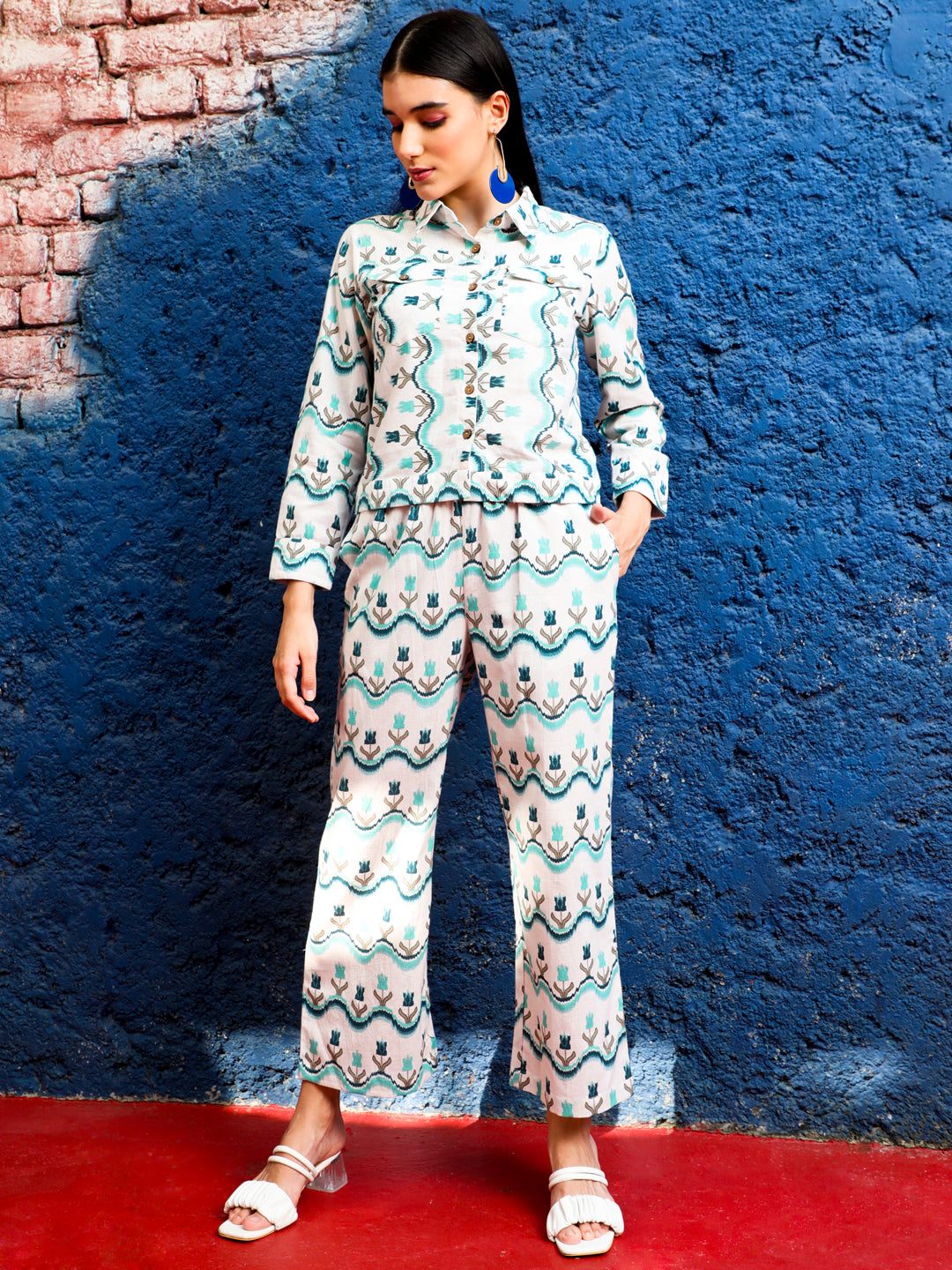 Ikat Printed Cream & Turquoise Blue Jacket With Palazzo Co-ord Set