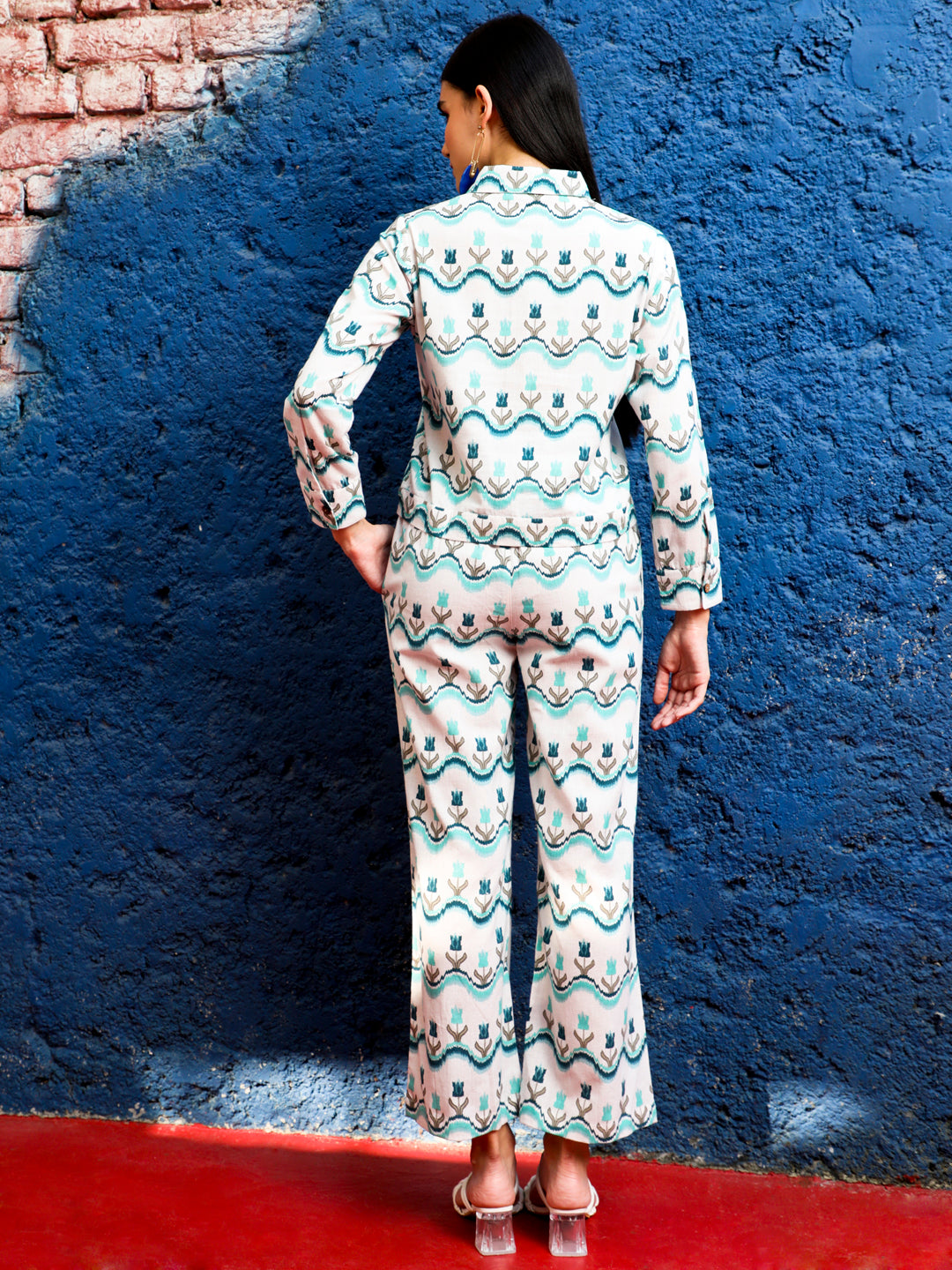 Ikat Printed Cream & Turquoise Blue Jacket With Palazzo Co-ord Set