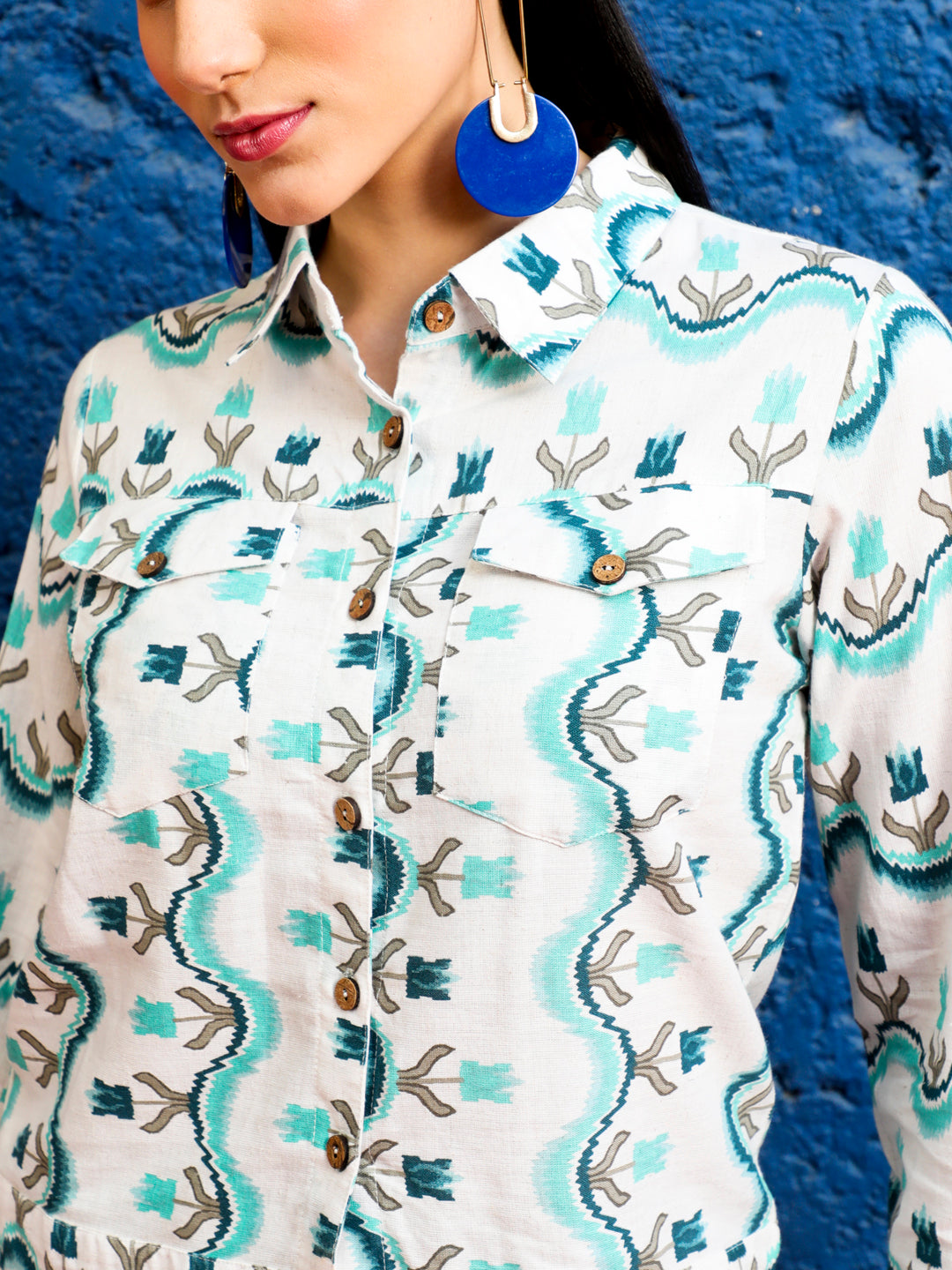 Ikat Printed Cream & Turquoise Blue Jacket With Palazzo Co-ord Set