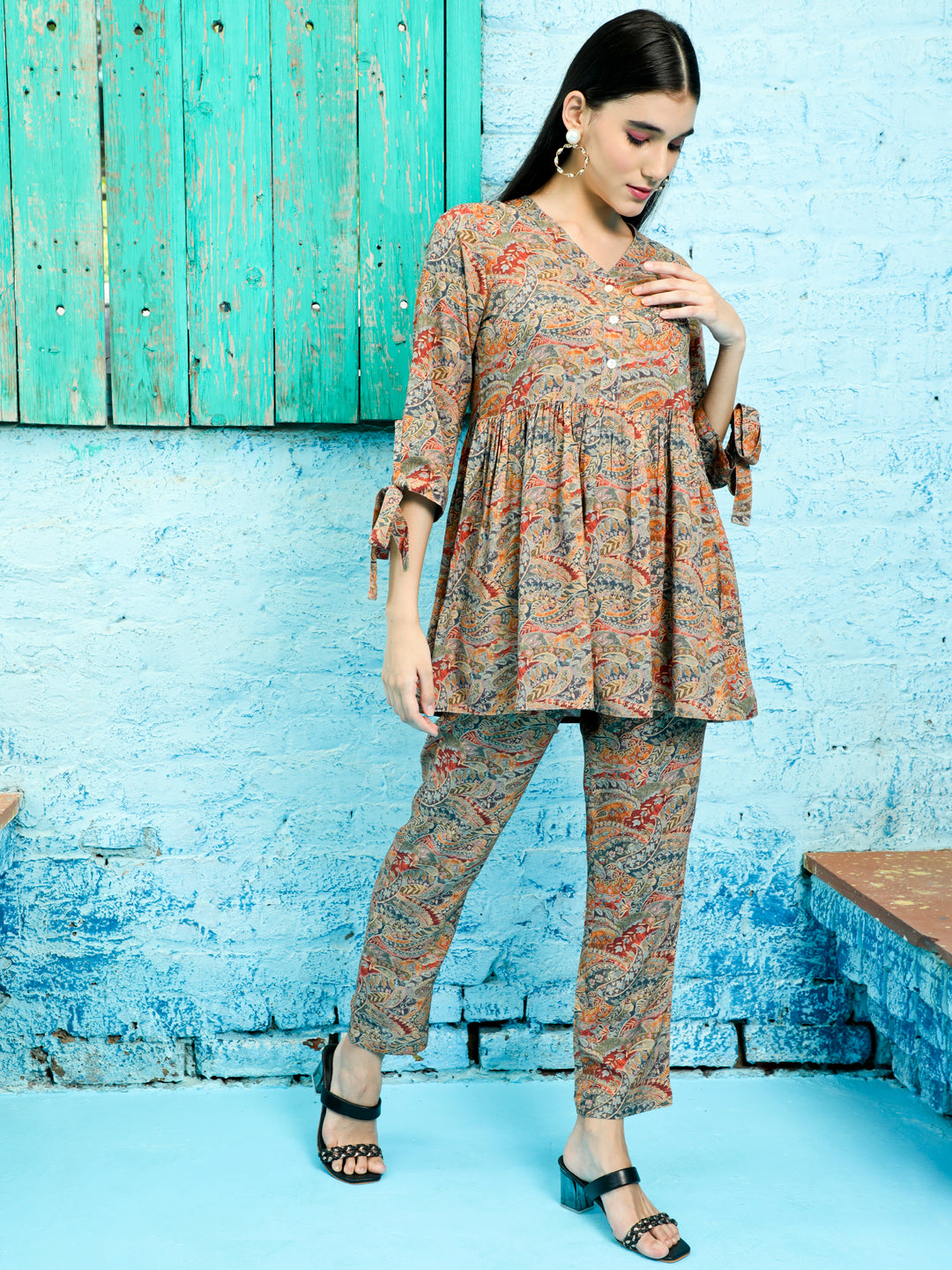 Brown Paisley Printed Peplum Short Kurta With Pants Co-ord Set