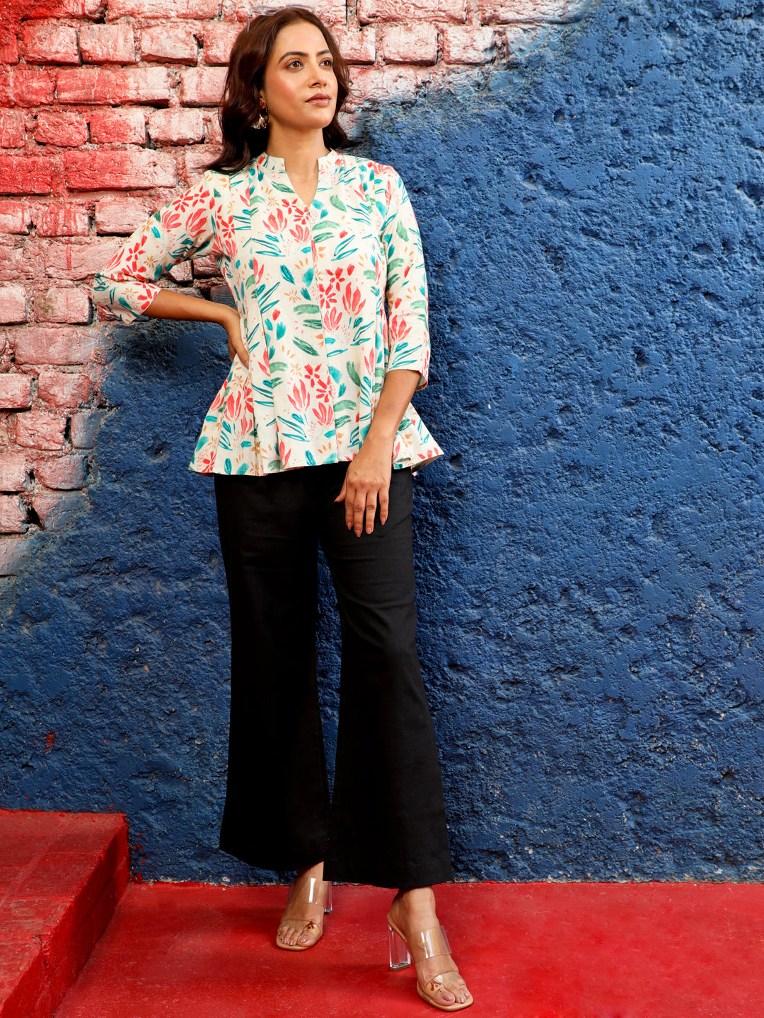 Beige Abstract Printed Pleated Cotton Top