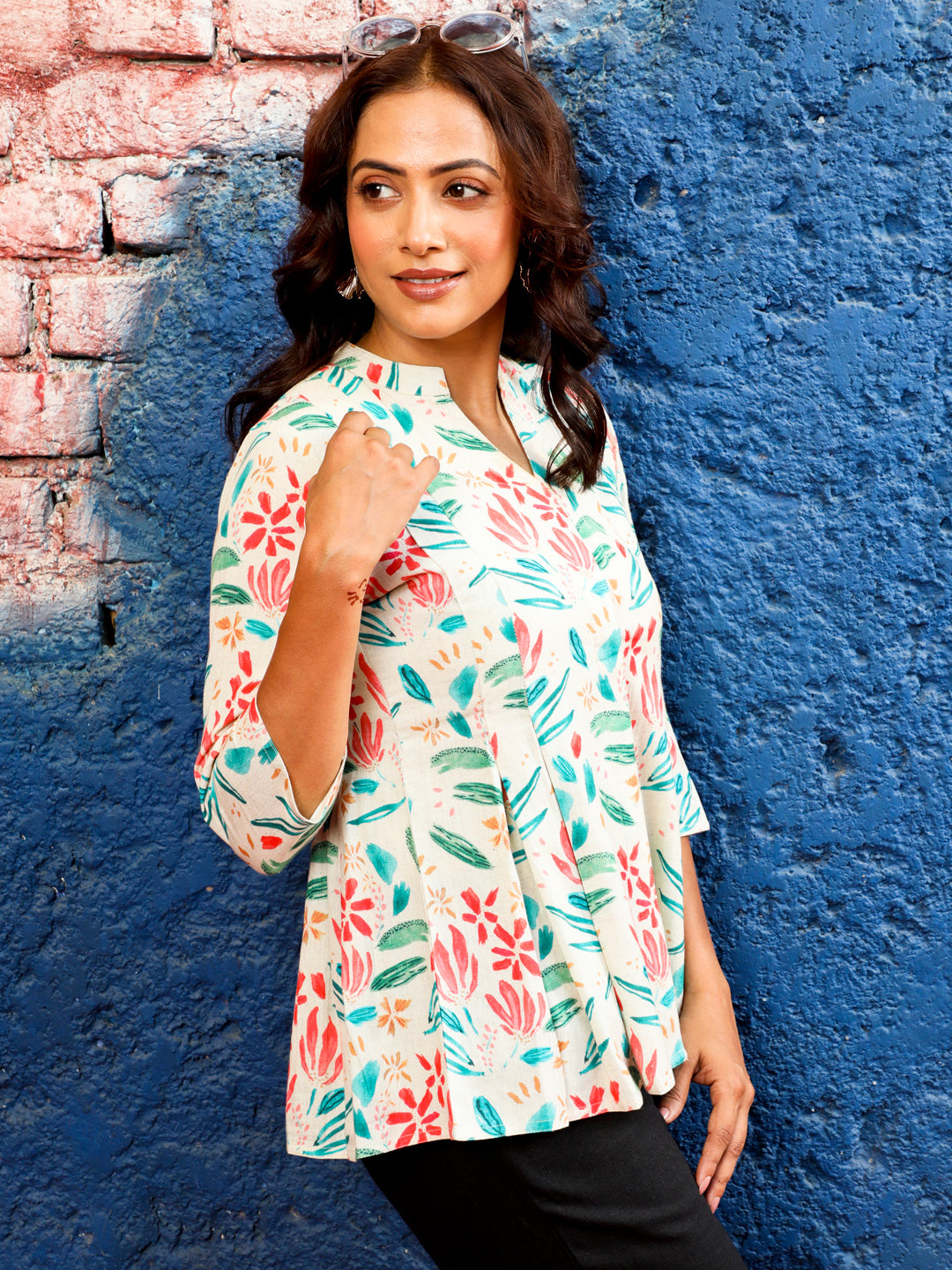 Beige Abstract Printed Pleated Cotton Top