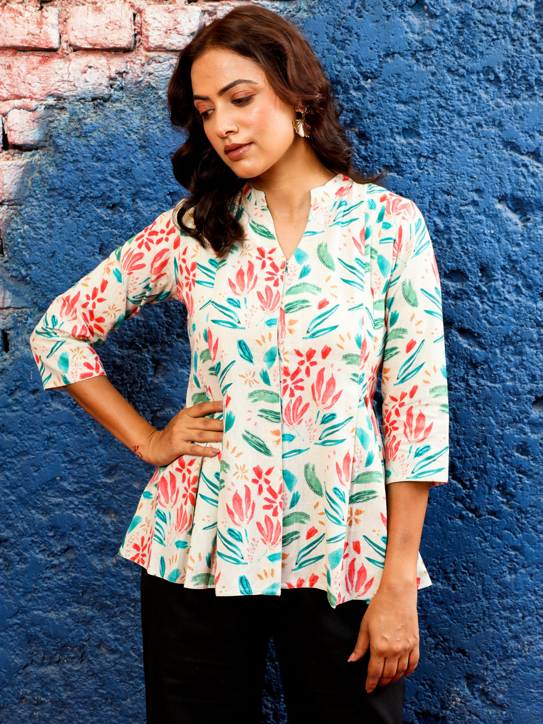 Beige Abstract Printed Pleated Cotton Top