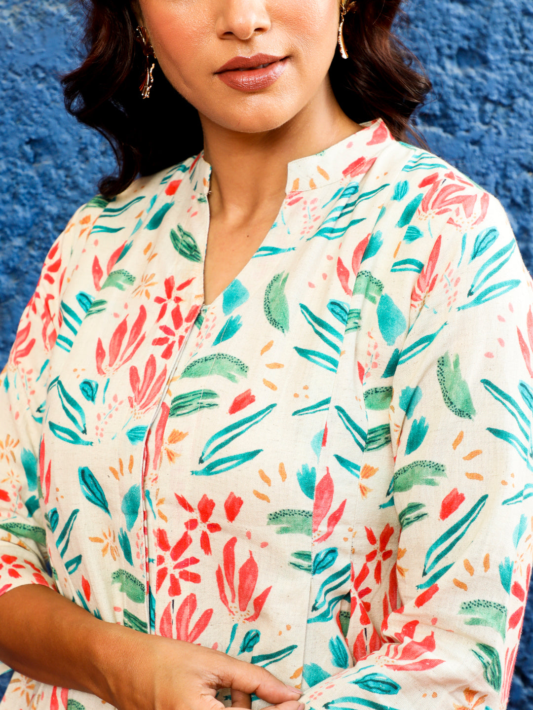 Beige Abstract Printed Pleated Cotton Top