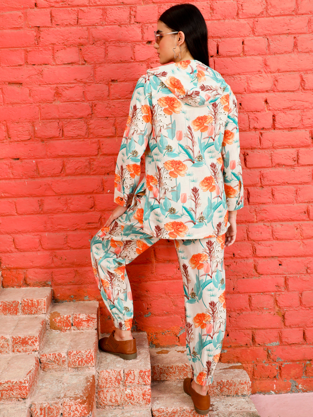 Turquoise Blue Floral Hoodie With Floral Joggers Co-ord Set