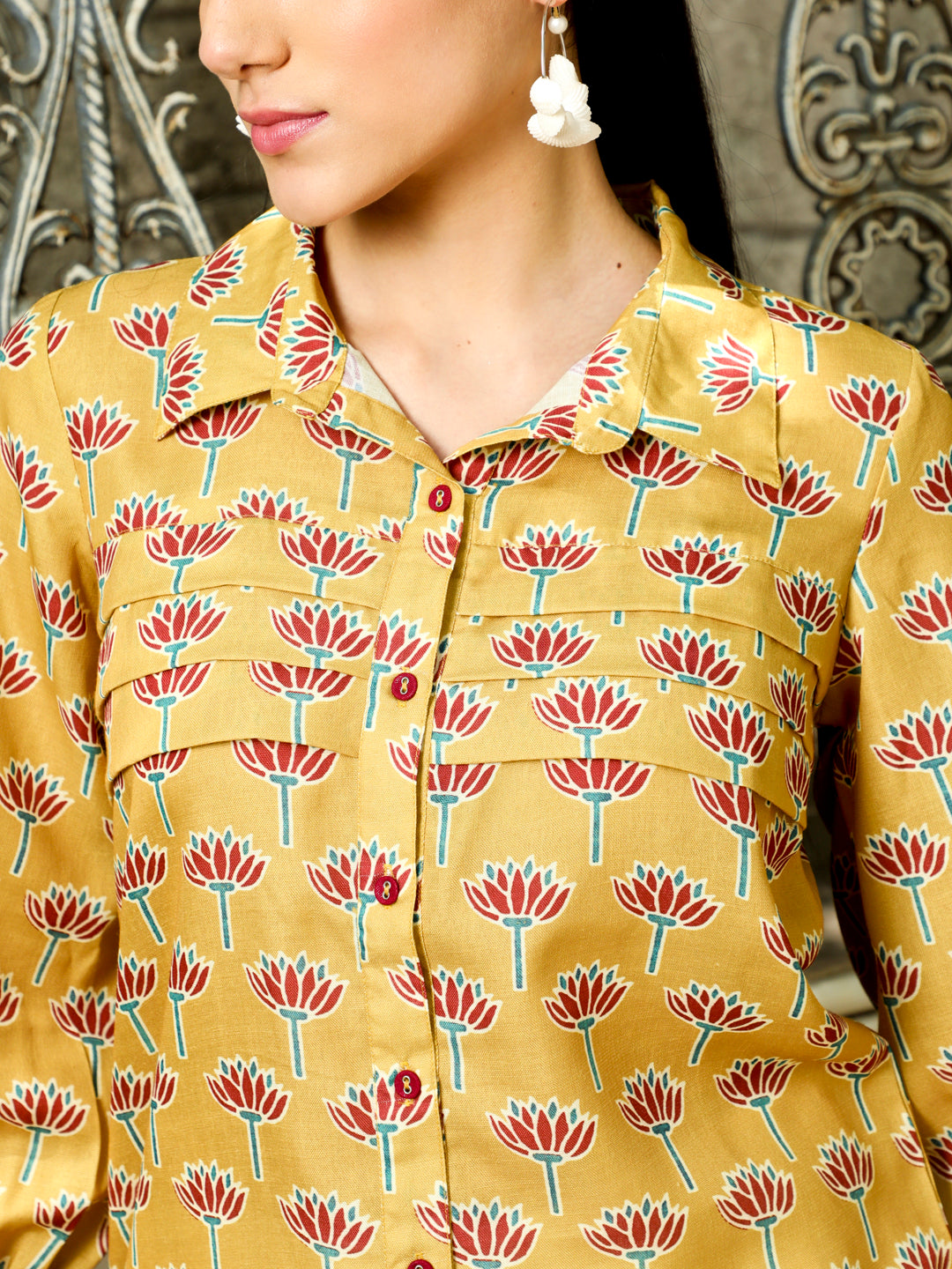 Mustard Lotus Print Full Sleeved Shirt