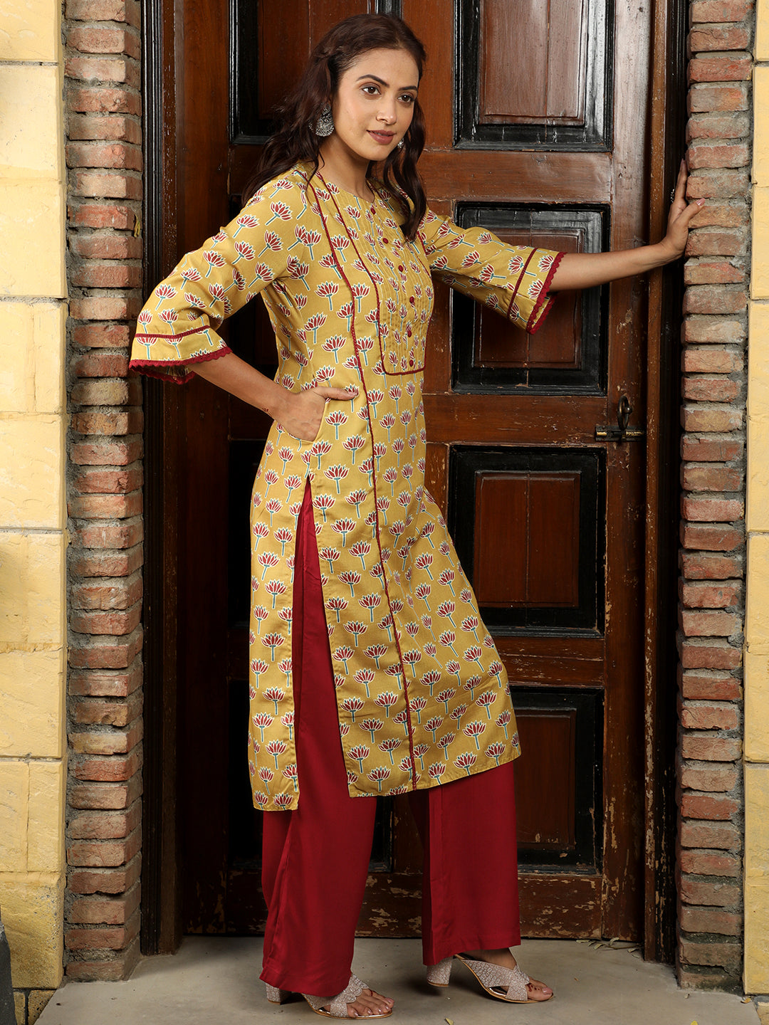 Lotus Print Mustard Straight Kurta