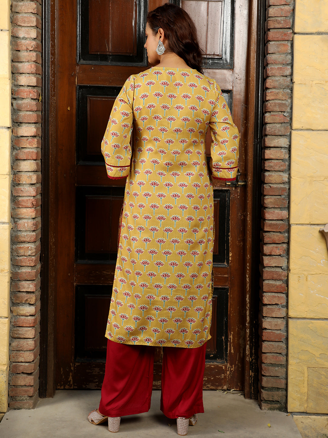 Lotus Print Mustard Straight Kurta