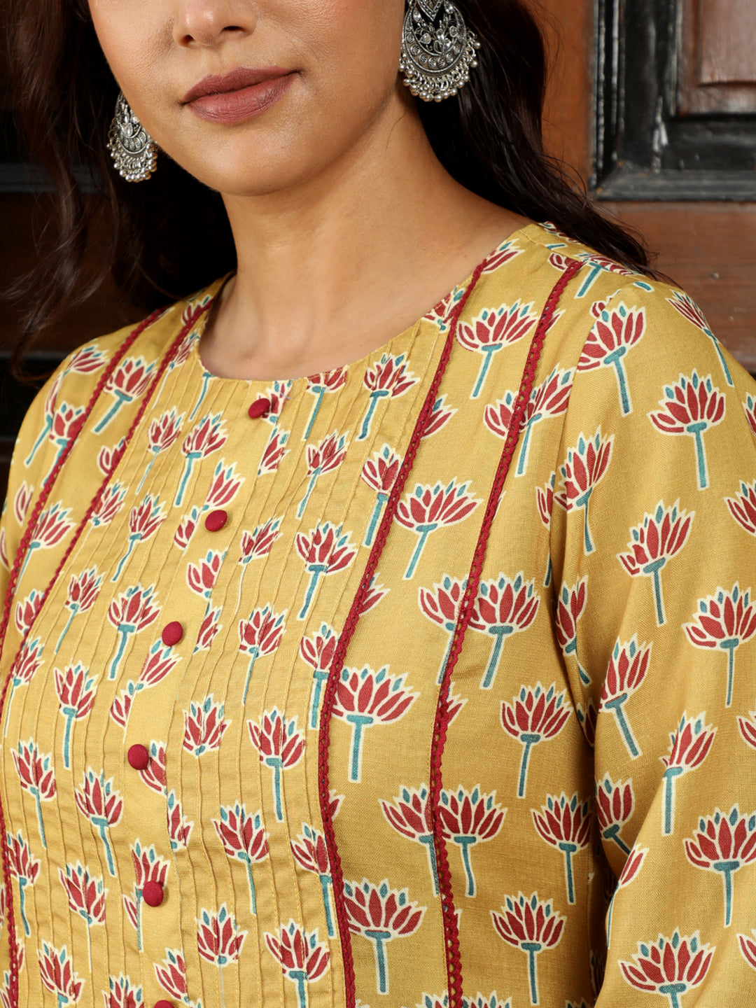 Lotus Print Mustard Straight Kurta