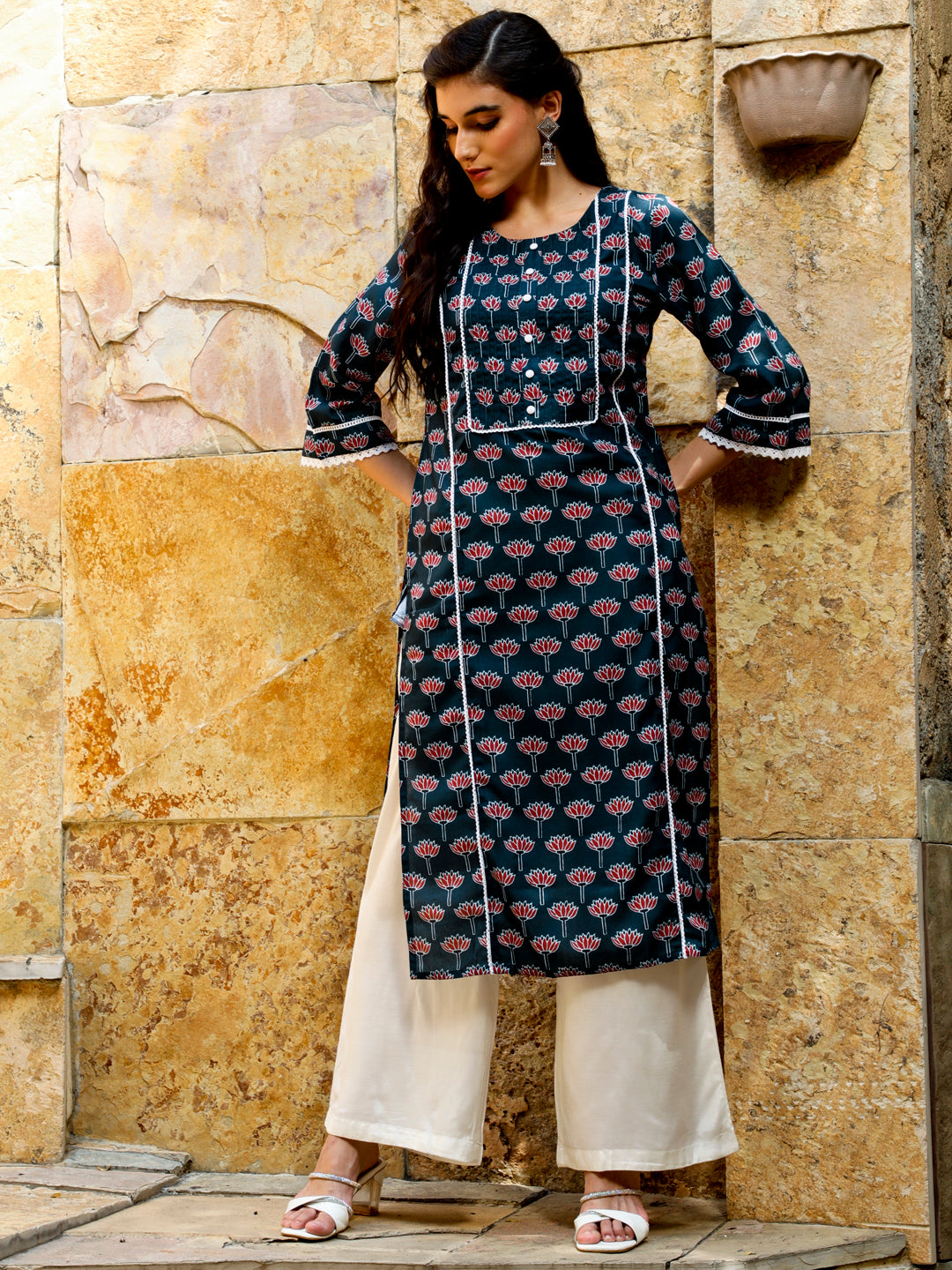 Lotus Print Navy Blue Straight Kurta