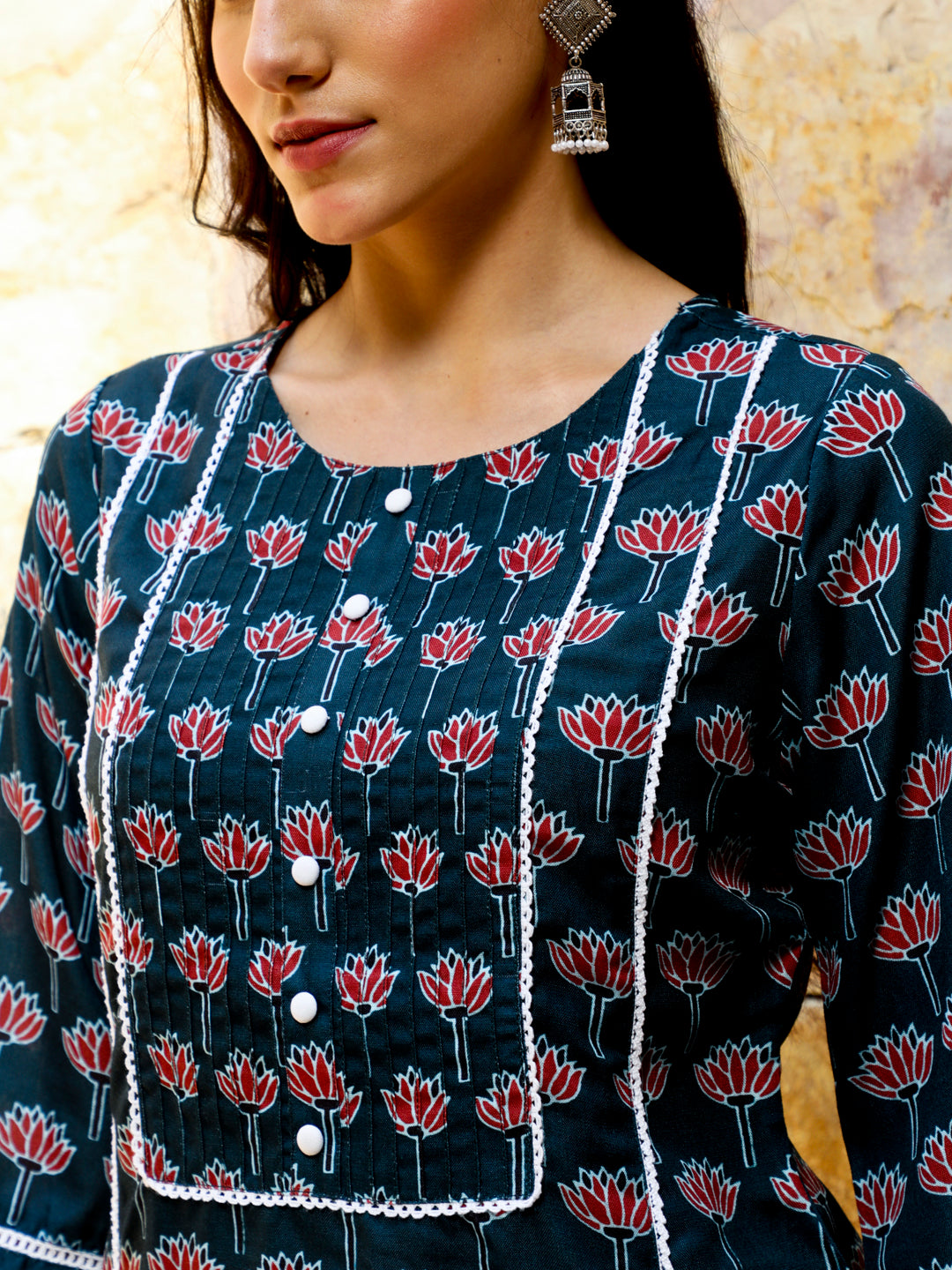 Lotus Print Navy Blue Straight Kurta