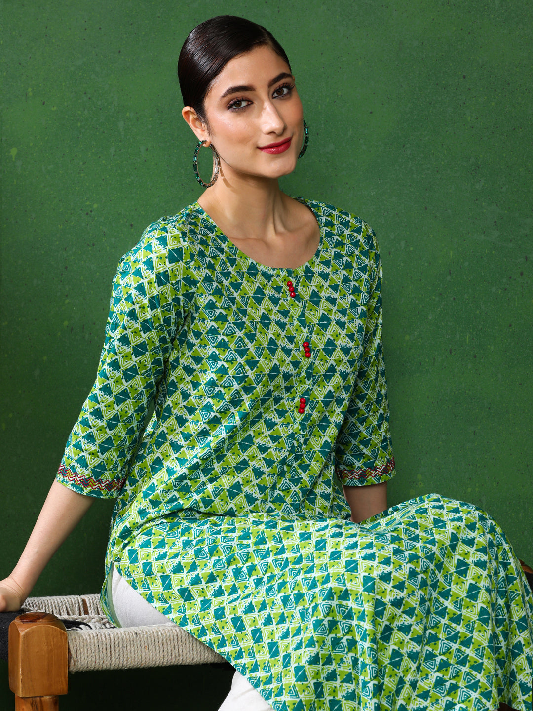 Green & Blue Geometric Print Straight Cotton Kurta