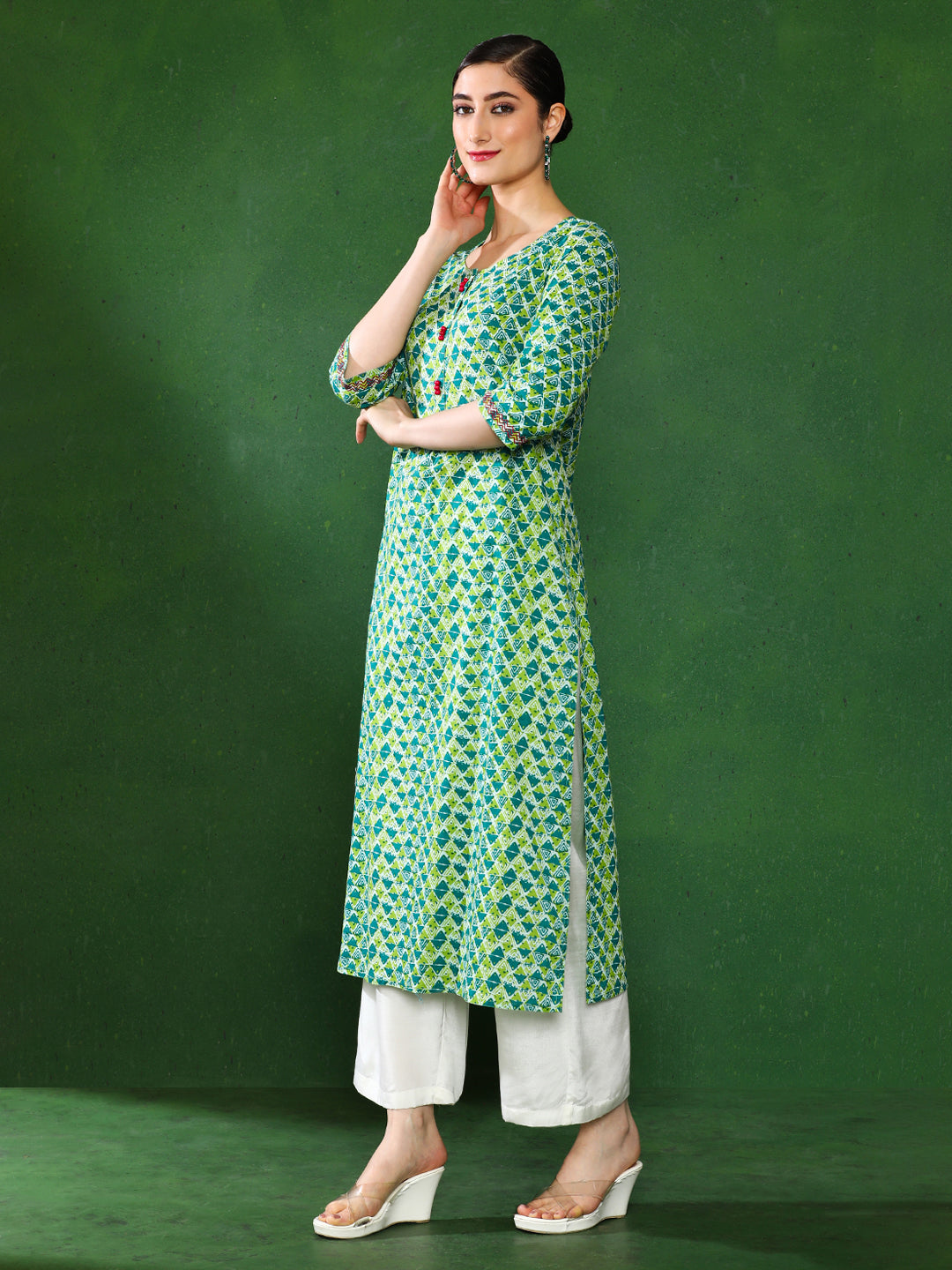 Green & Blue Geometric Print Straight Cotton Kurta