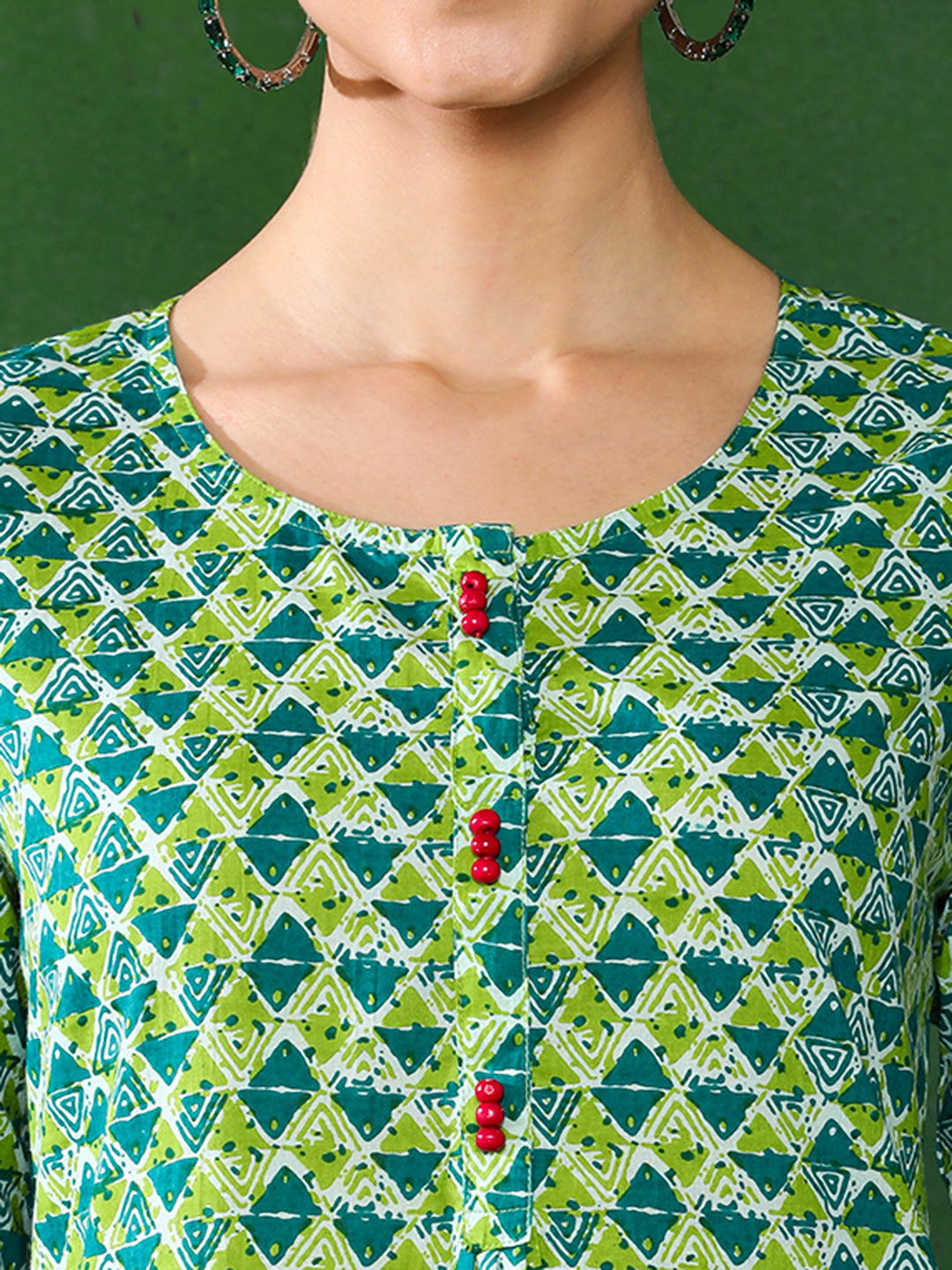 Green & Blue Geometric Print Straight Cotton Kurta