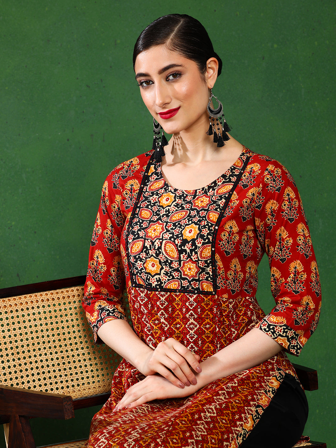 Brown And Beige Ethnic Motifs Straight Cotton Kurta