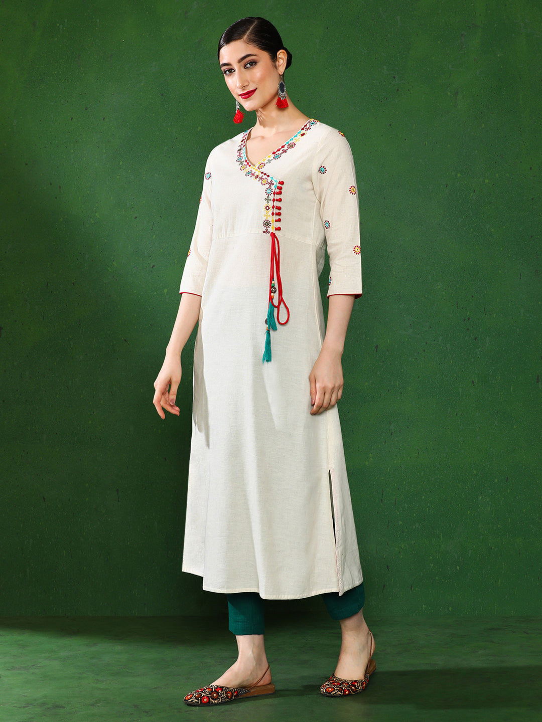 Off-White Embroidered A-Line Cotton Kurta