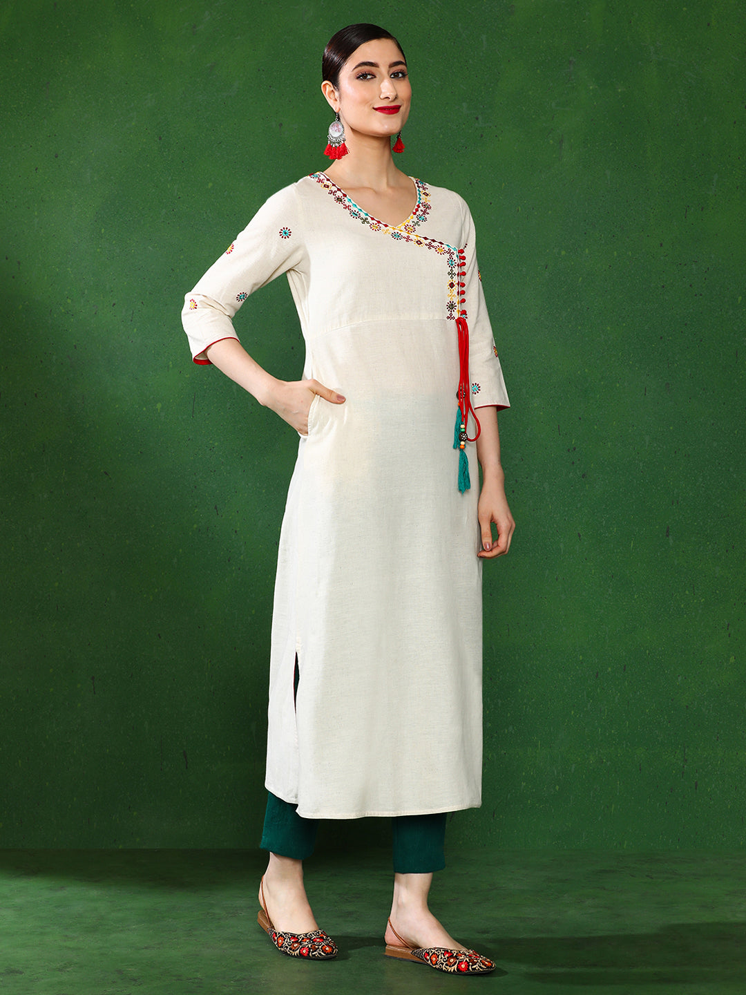 Off-White Embroidered A-Line Cotton Blend Angrakha Kurta