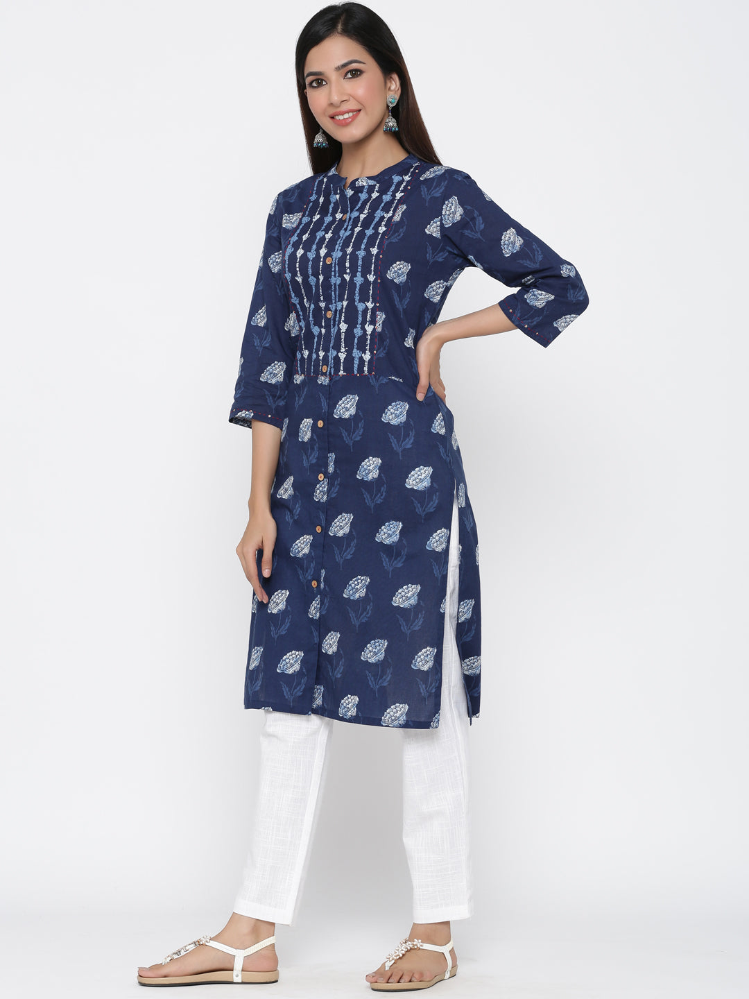 Indigo Floral Motif Straight Cotton Kurta