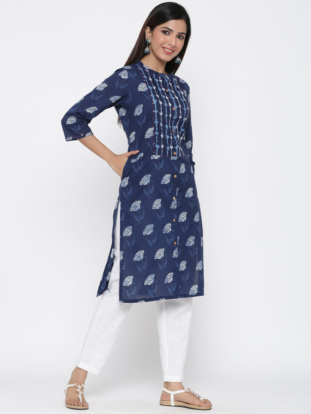 Indigo Floral Motif Straight Cotton Kurta