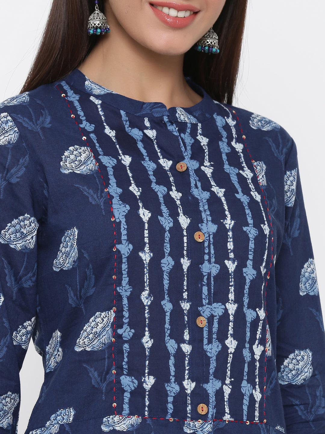 Indigo Floral Motif Straight Cotton Kurta