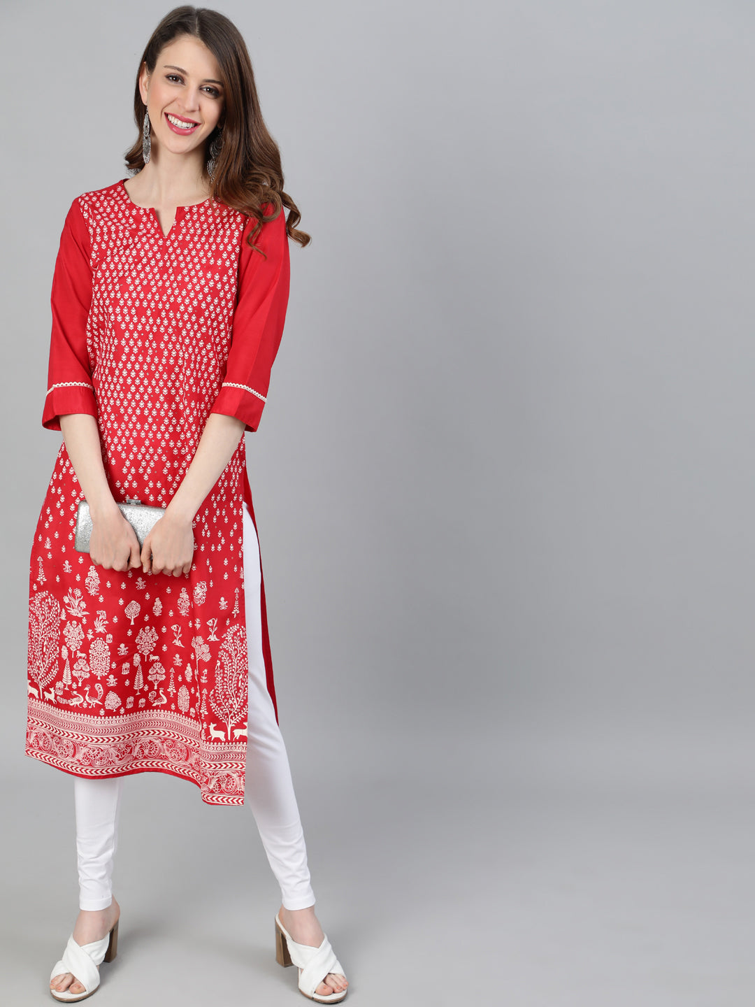 Red Ethnic Motifs Printed Straight Silk Blend Kurta