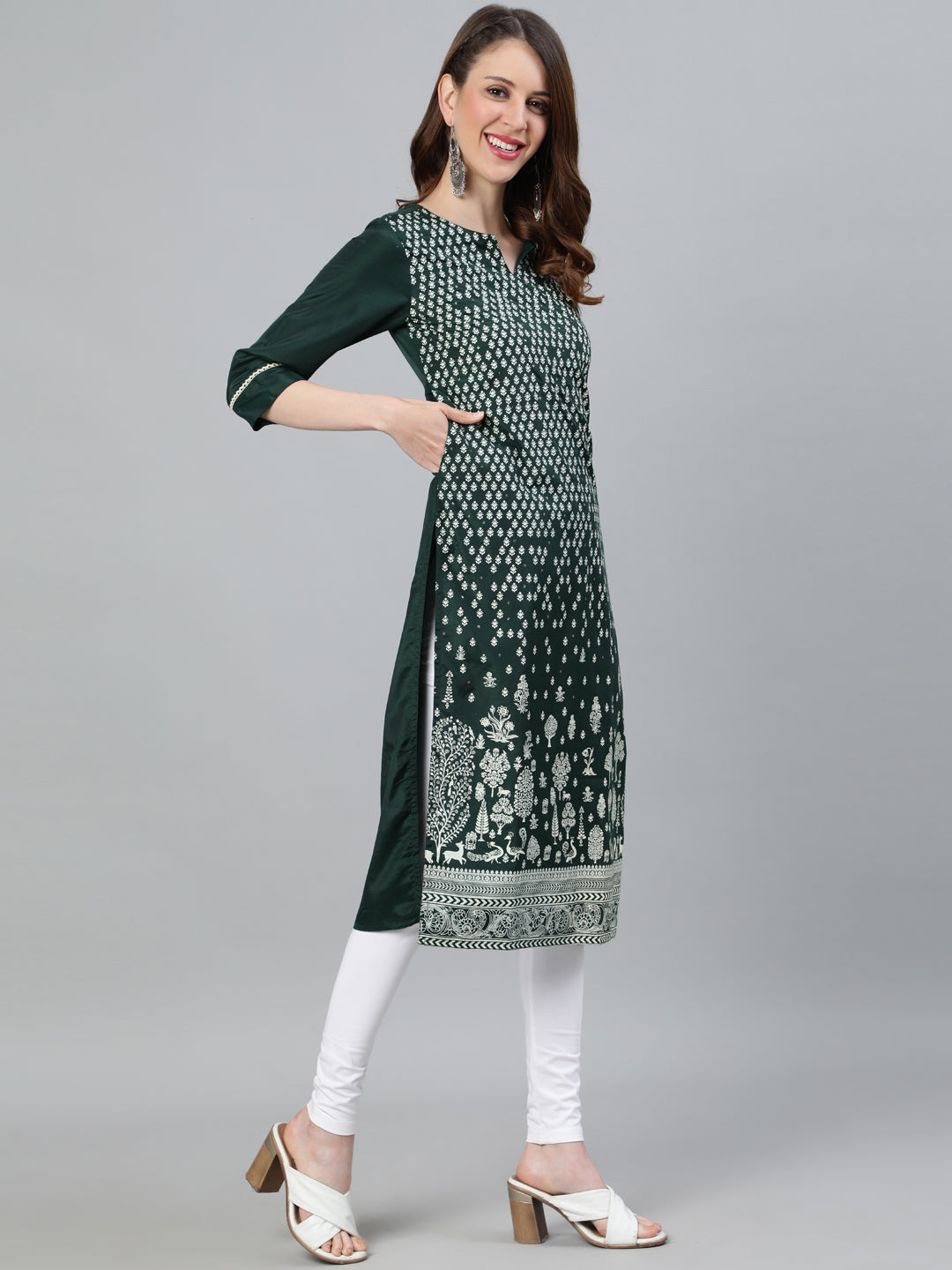 Green Ethnic Motifs Straight Silk Blend Kurta