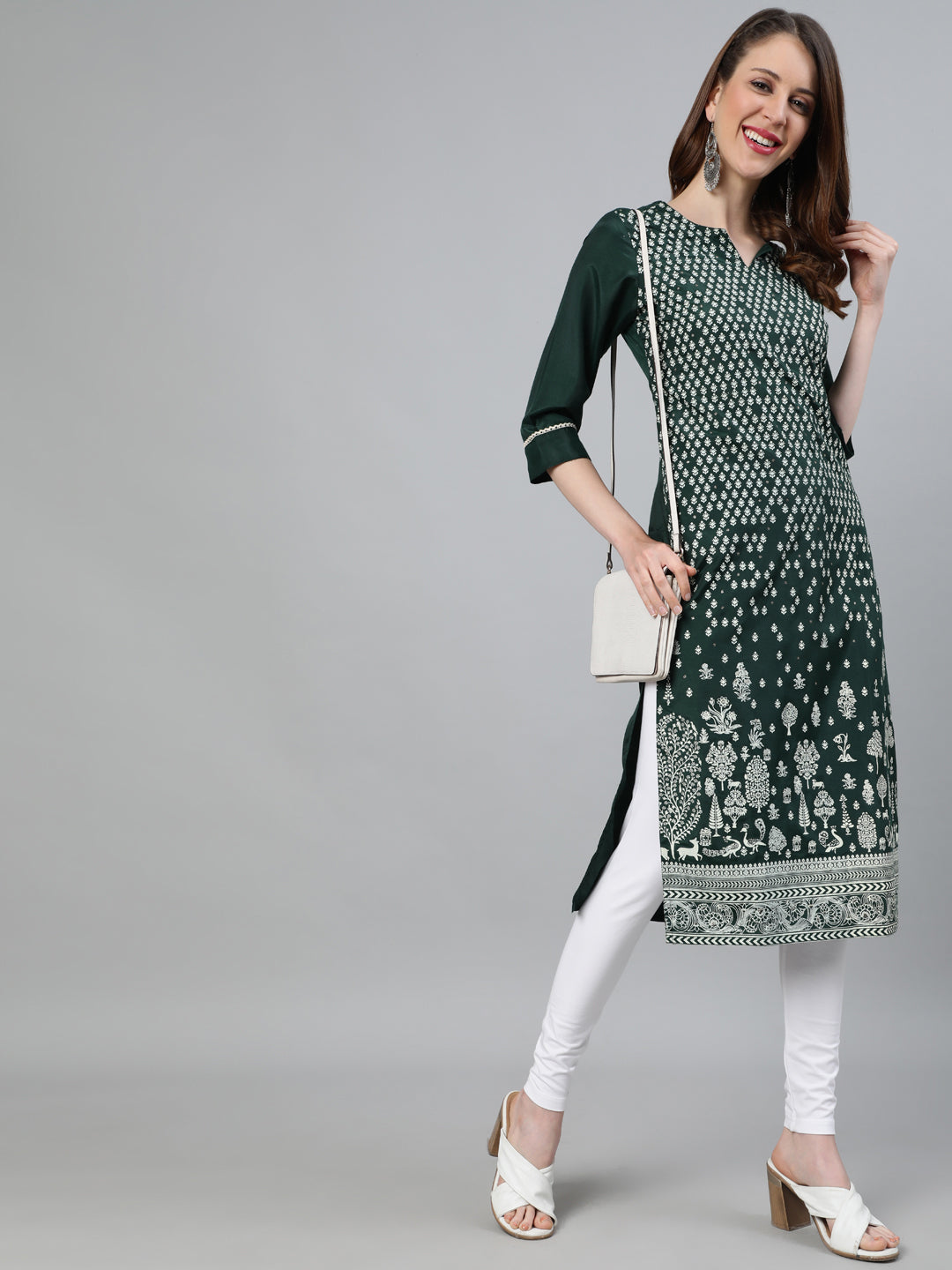 Green Ethnic Motifs Straight Silk Blend Kurta
