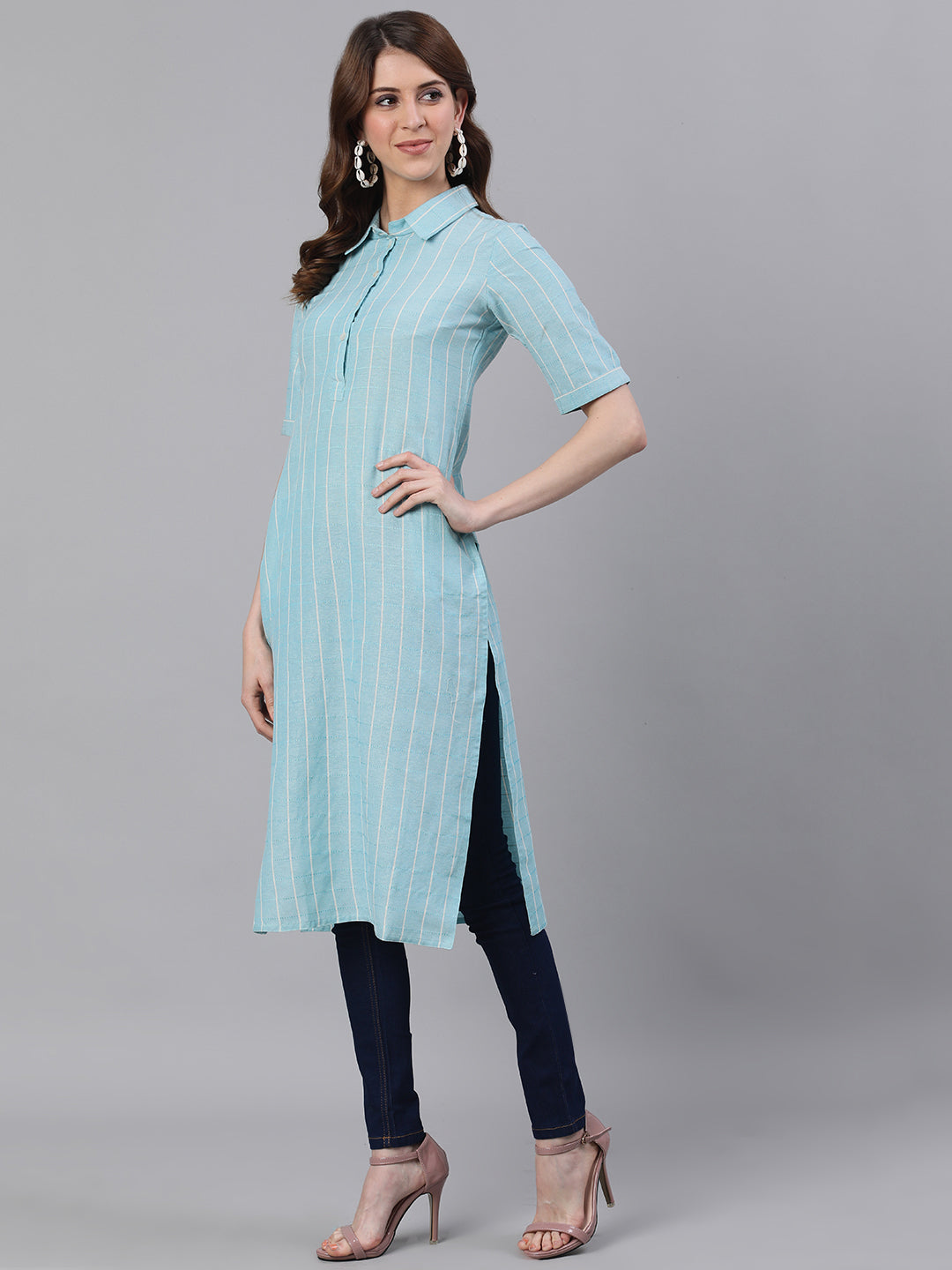 Blue Checks Straight Cotton Blend Kurtas