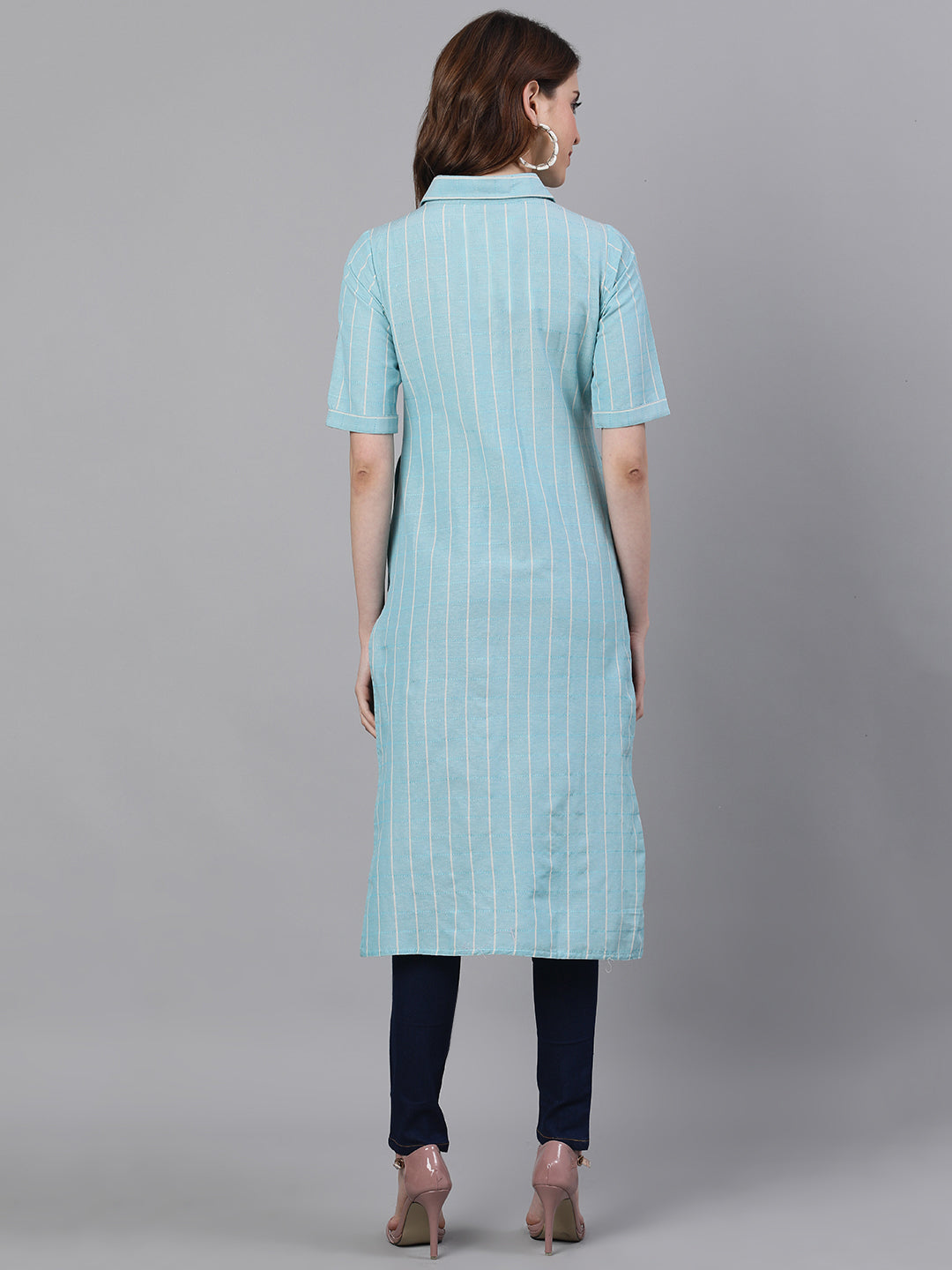Blue Checks Straight Cotton Blend Kurtas