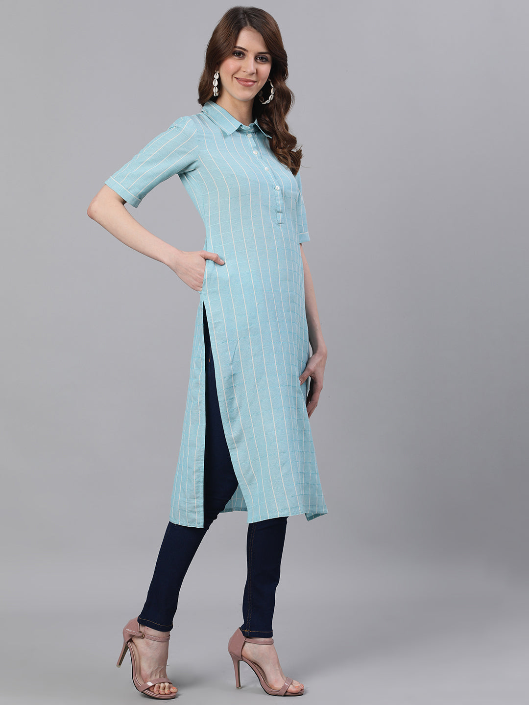 Blue Checks Straight Cotton Blend Kurtas