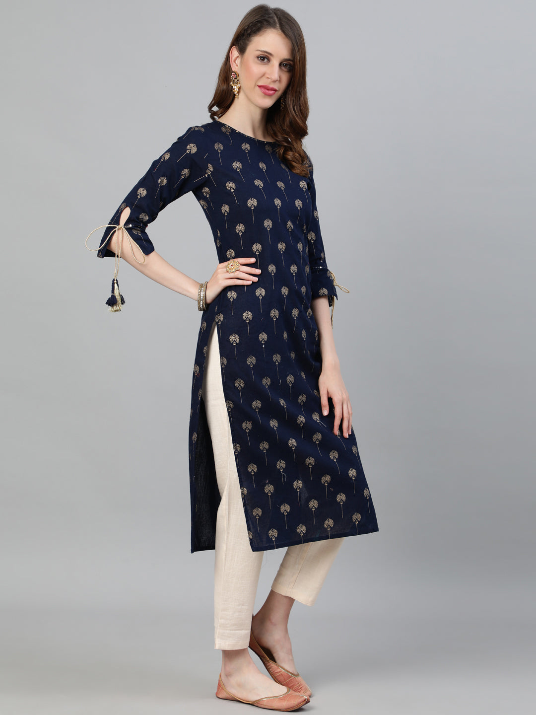 Navy Blue Ethnic Print Straight Cotton Kurta